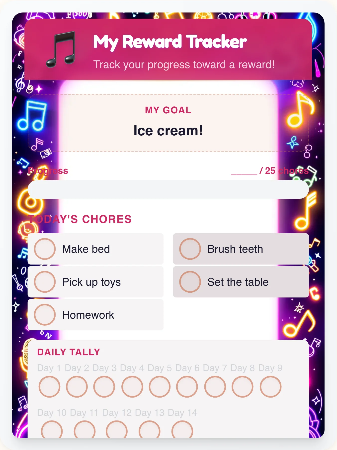 Electric Music Goal Chart - printable music chore chart