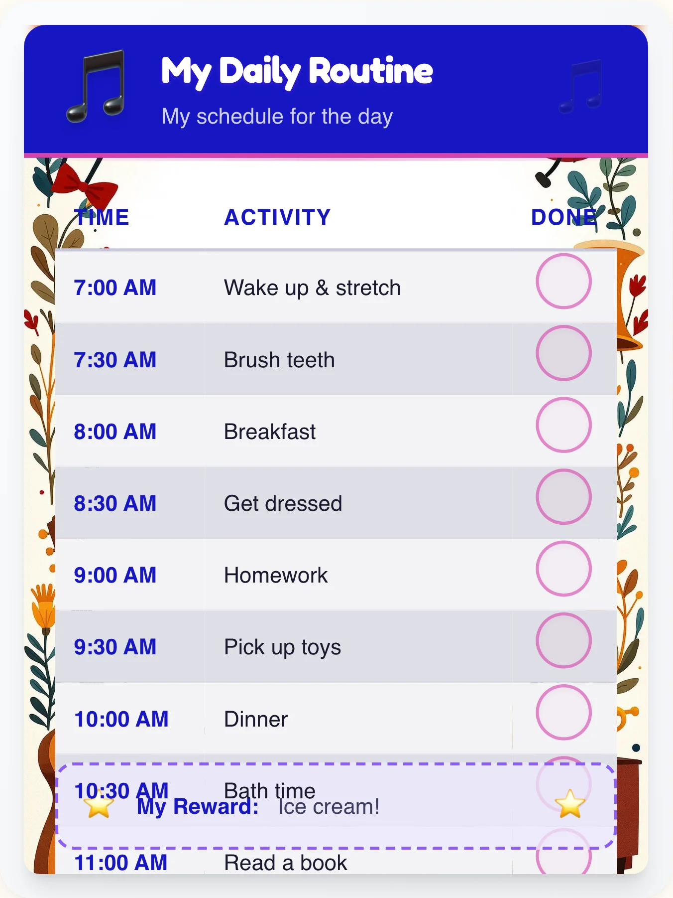 Organic Music Schedule Chart - printable music chore chart