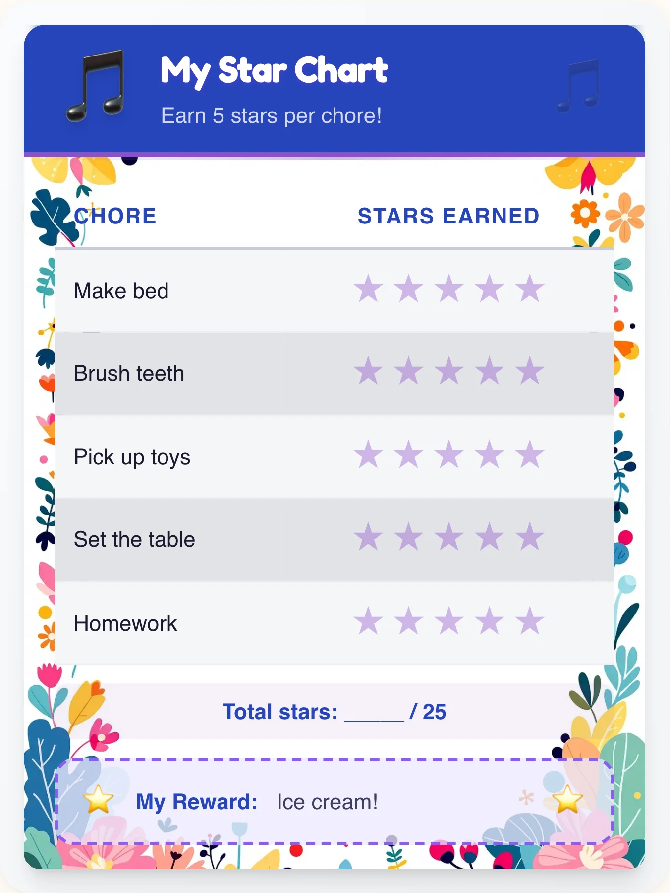Mellow Music Gold Stars - printable music chore chart