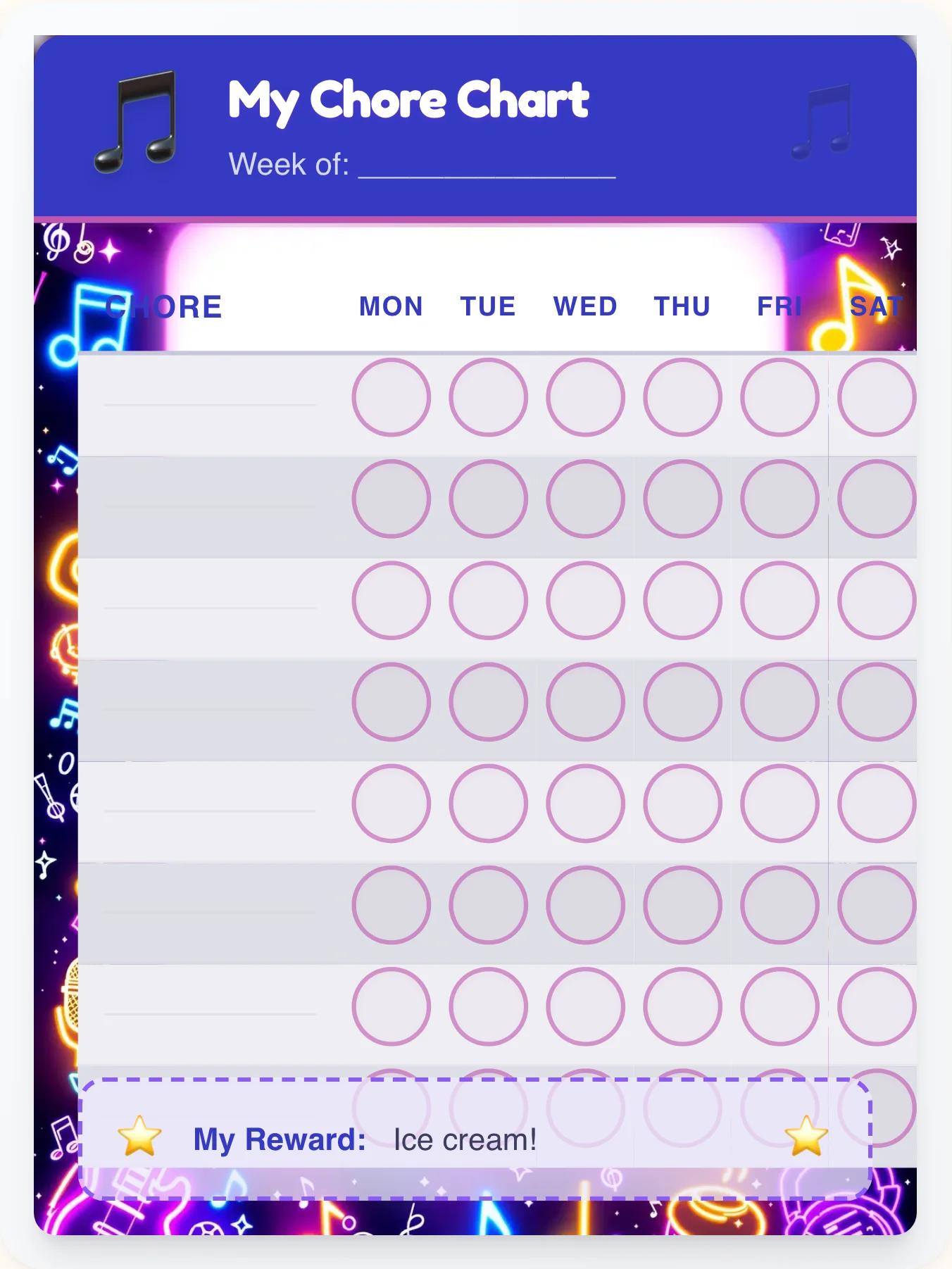 Natural Music Custom Chart - printable music chore chart