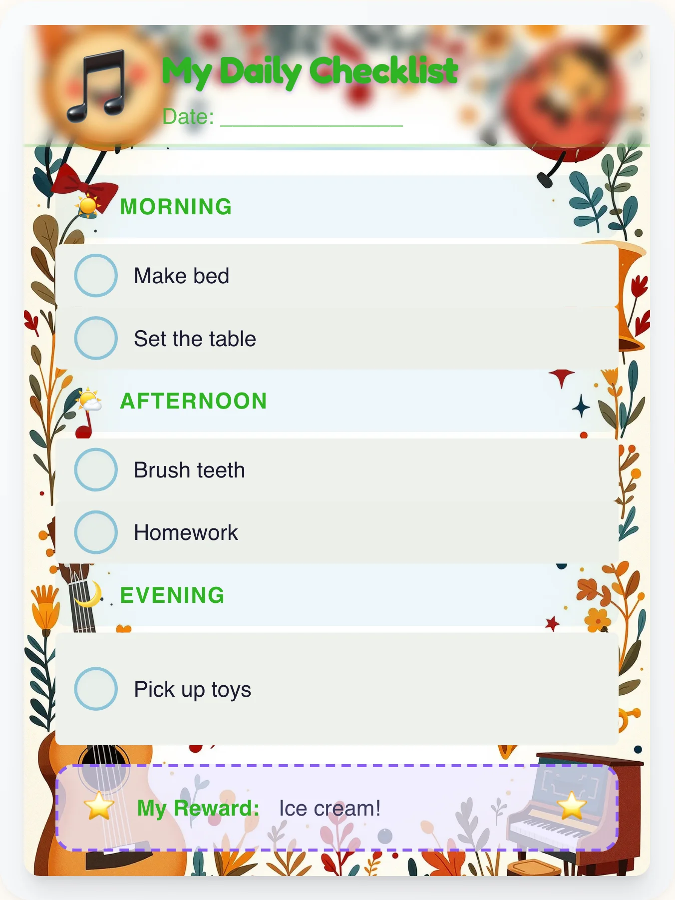 Tender Music To-Do Chart - printable music chore chart