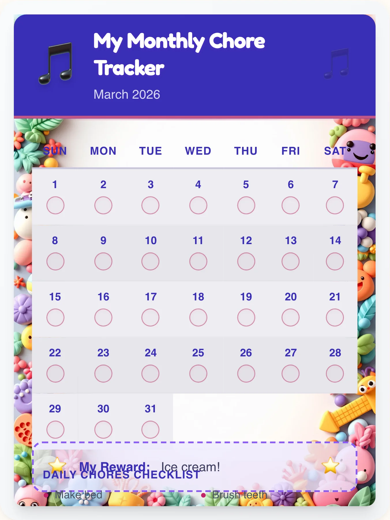 Organic Music Calendar Chart - printable music chore chart
