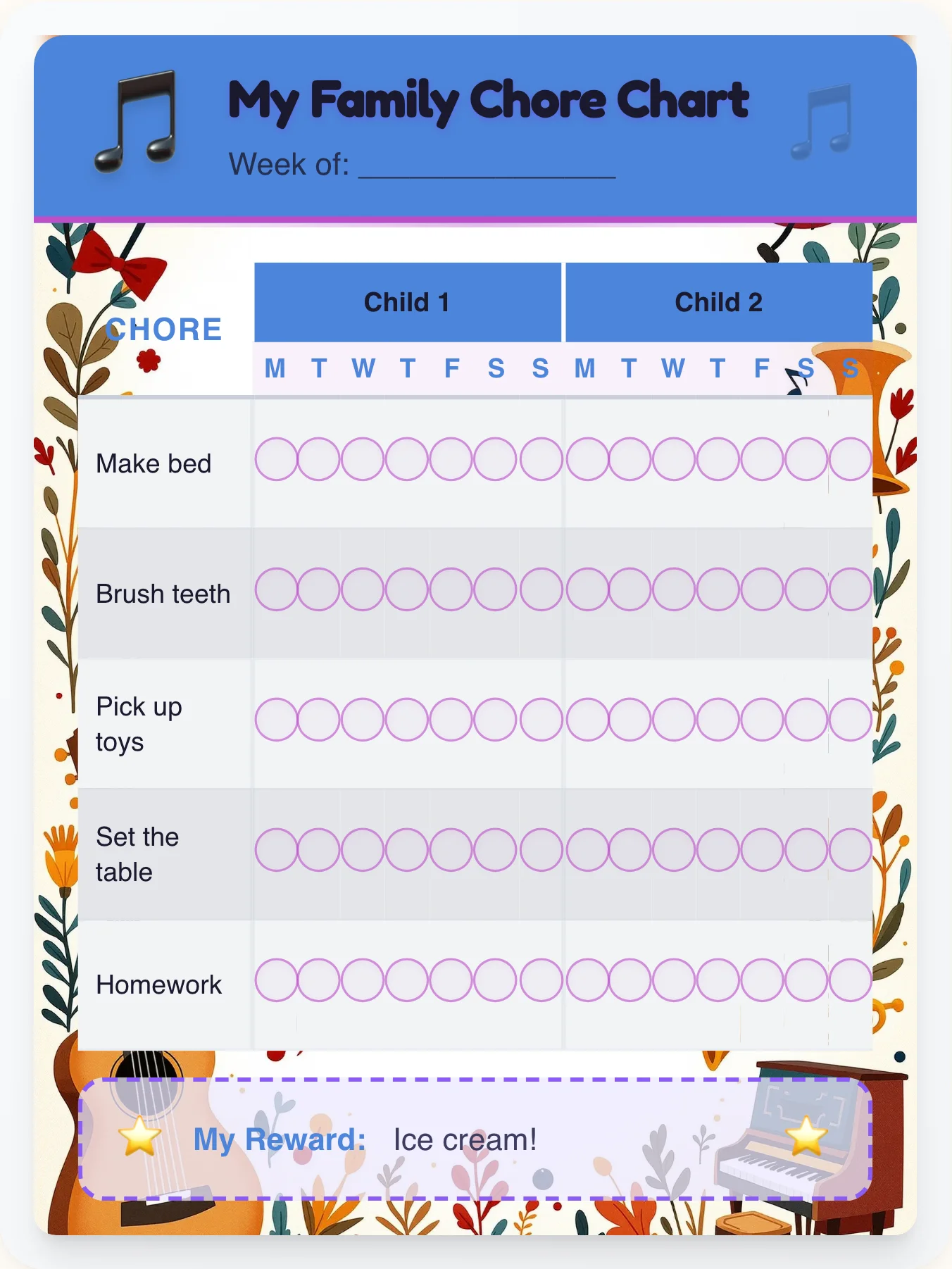 Luminous Music Team Chart - printable music chore chart