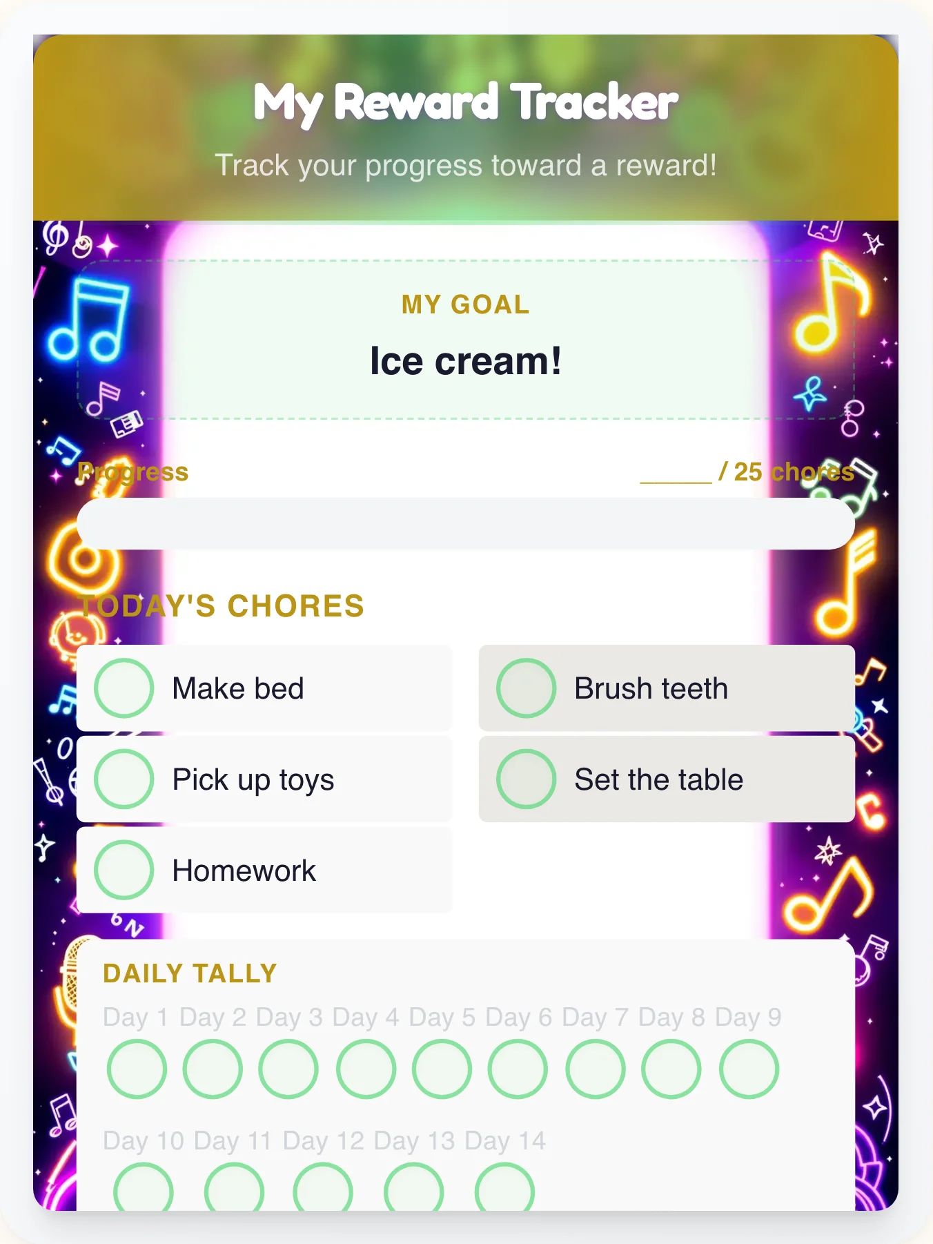 Happy Music Prize Chart - printable music chore chart