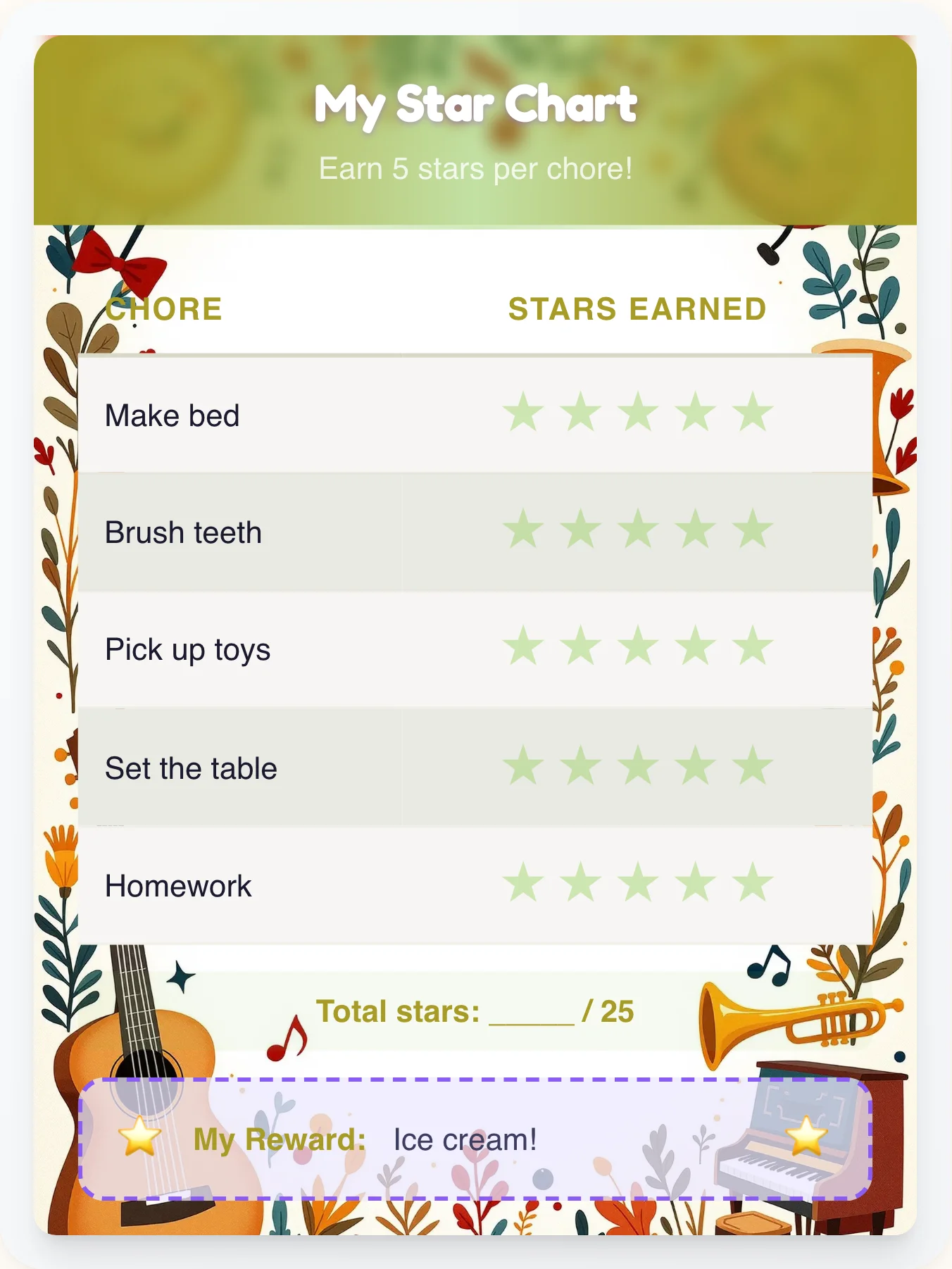 Jolly Music Star Board - printable music chore chart