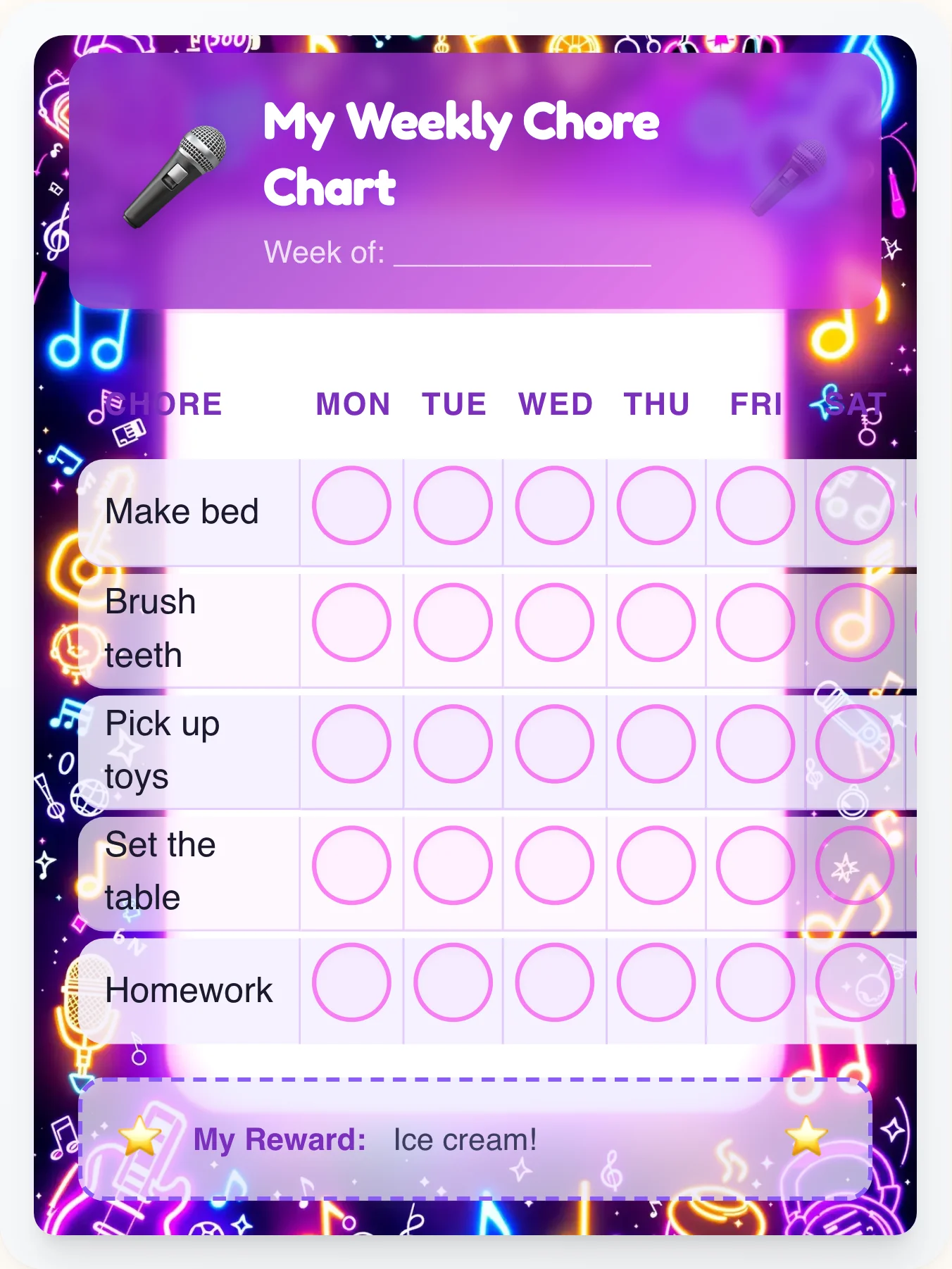 Neon Stage Lights — Free Printable Music Chore Chart - printable music chore chart