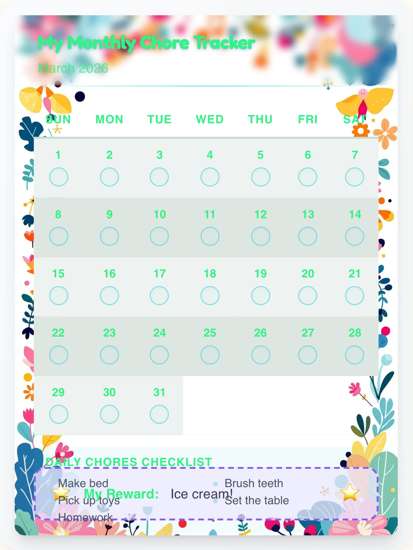 Cheerful Music Monthly Planner - printable music chore chart