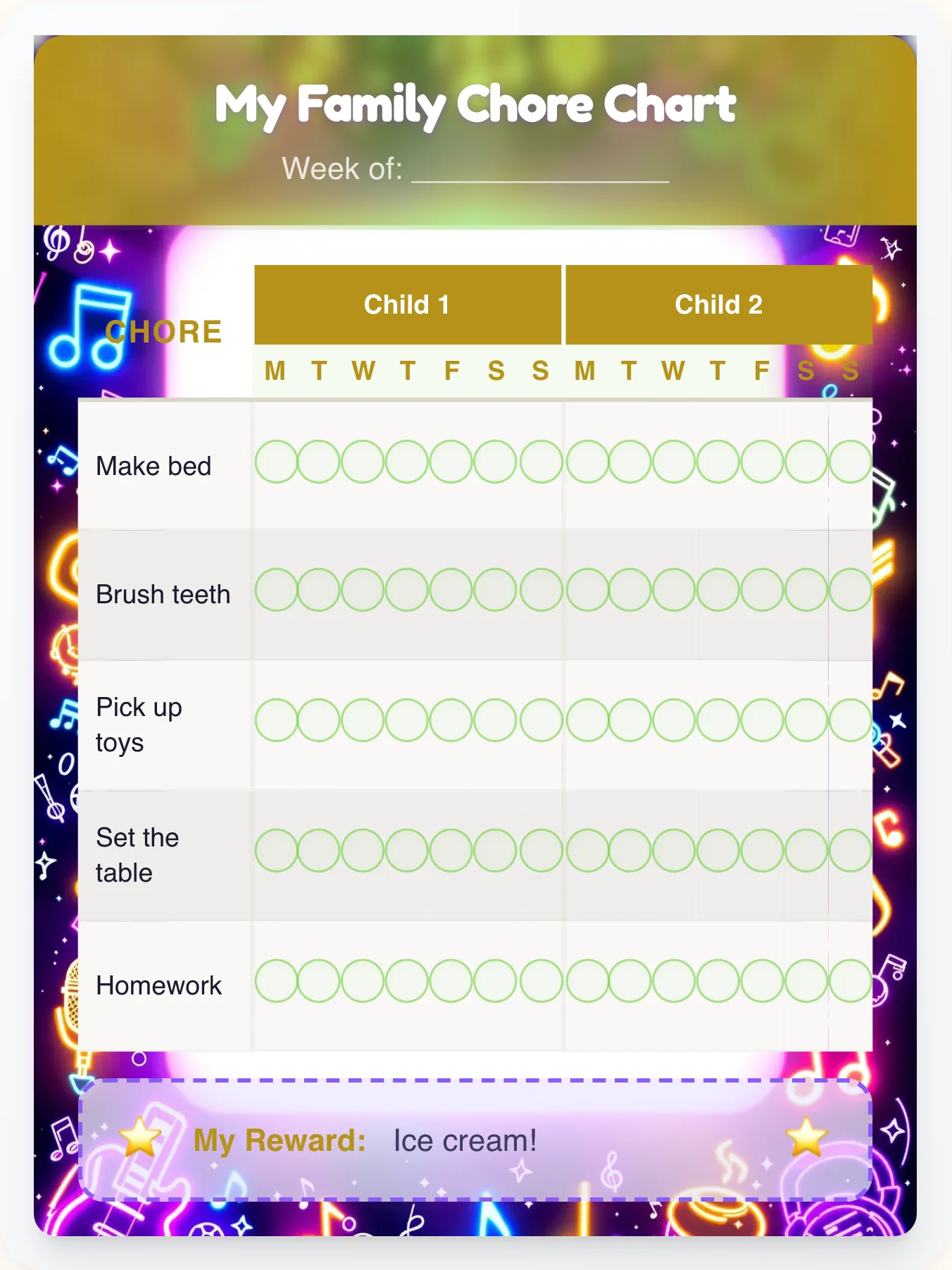 Happy Music Group Planner - printable music chore chart