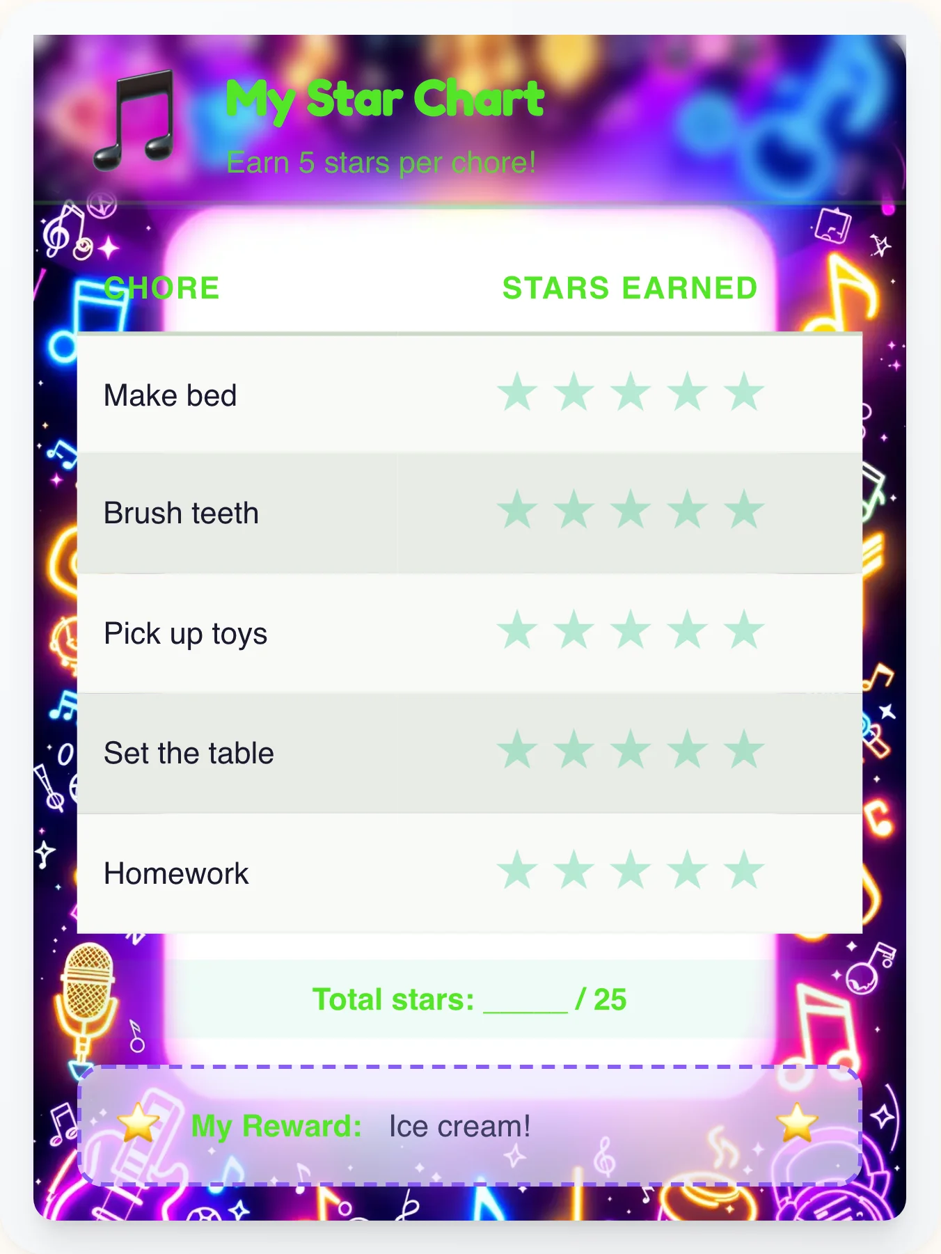 Sunny Music Star Chart - printable music chore chart