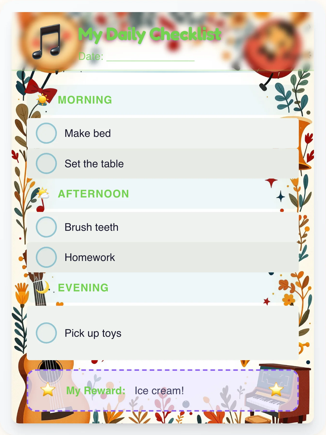 Sunny Music Daily Planner - printable music chore chart