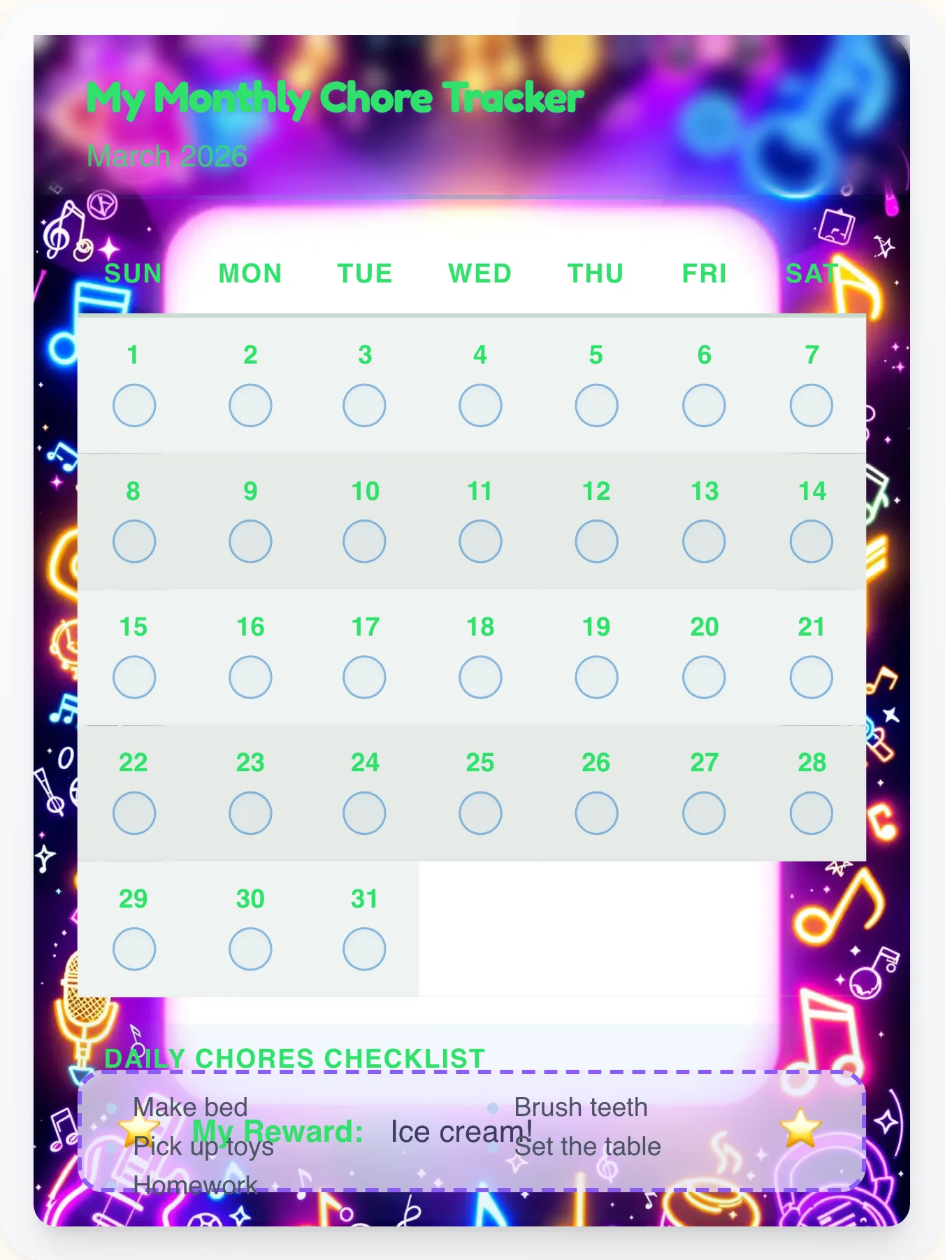 Zen Music Monthly Grid - printable music chore chart