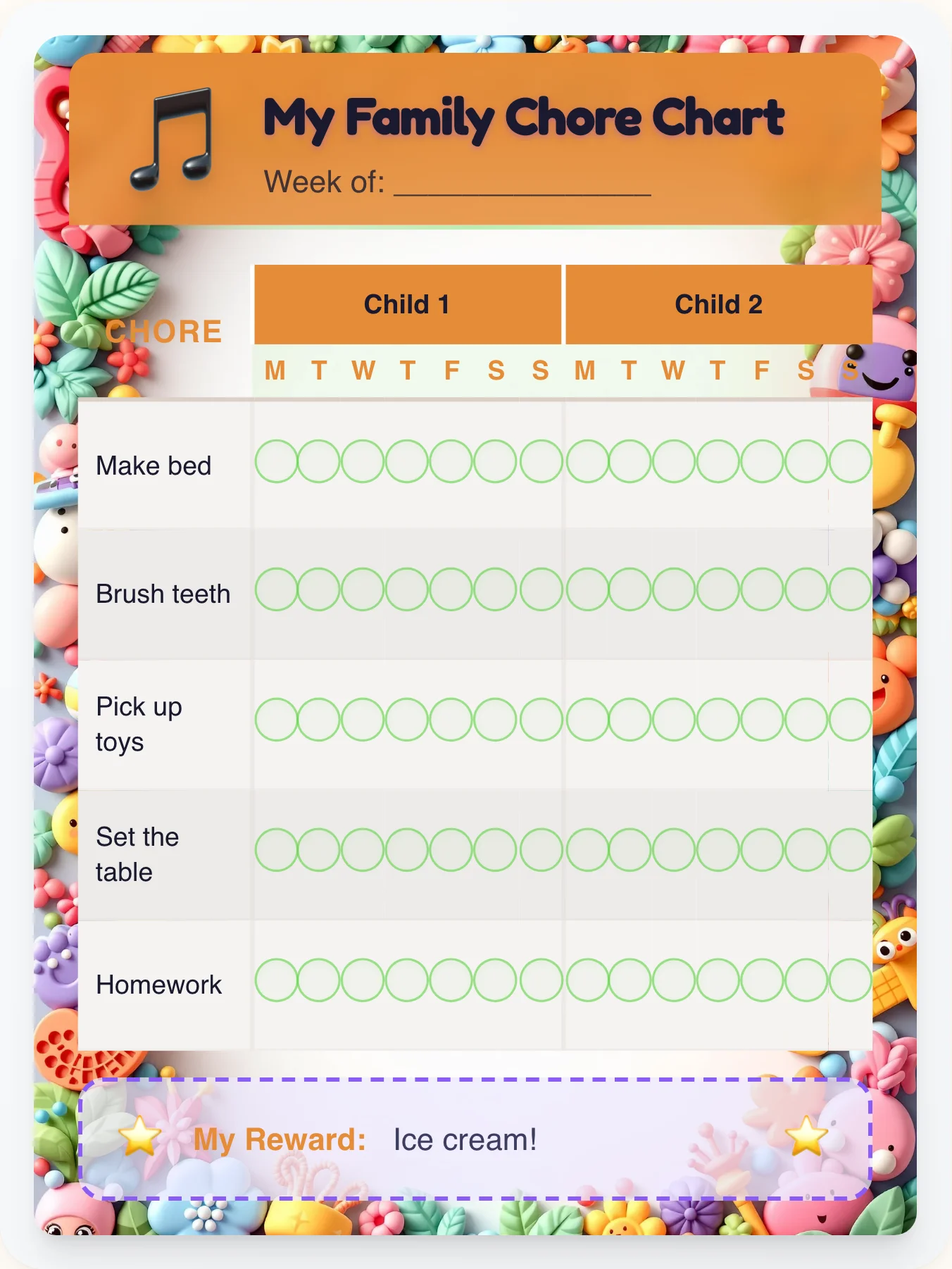 Hazy Music Family Chart - printable music chore chart