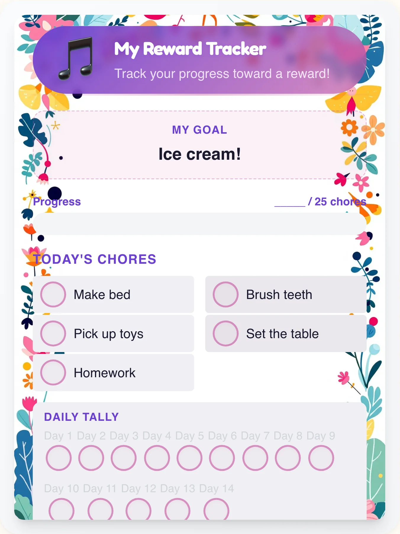 Royal Music Points Tracker - printable music chore chart