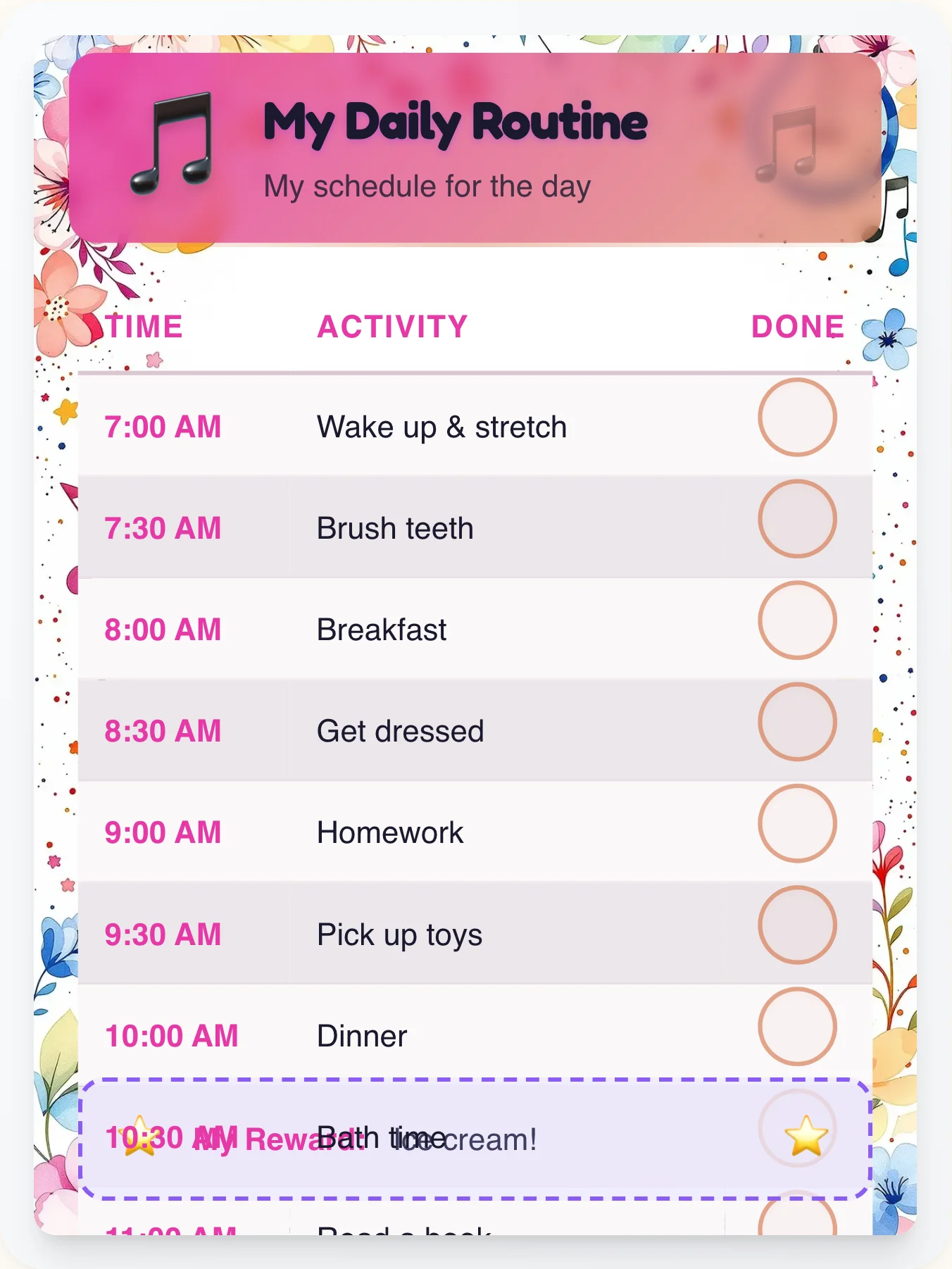 Calm Music Routine Board - printable music chore chart