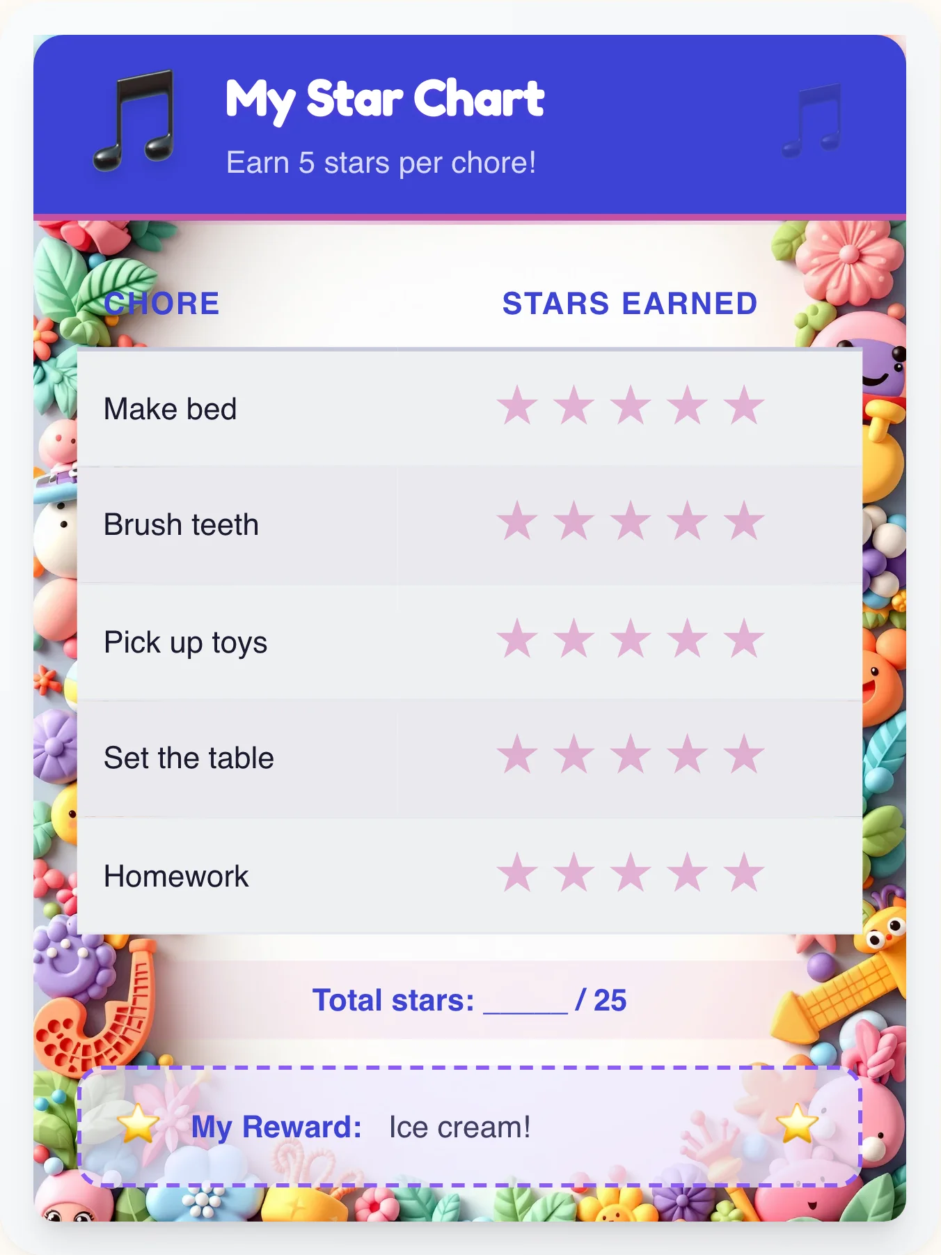 Natural Music Star Board - printable music chore chart