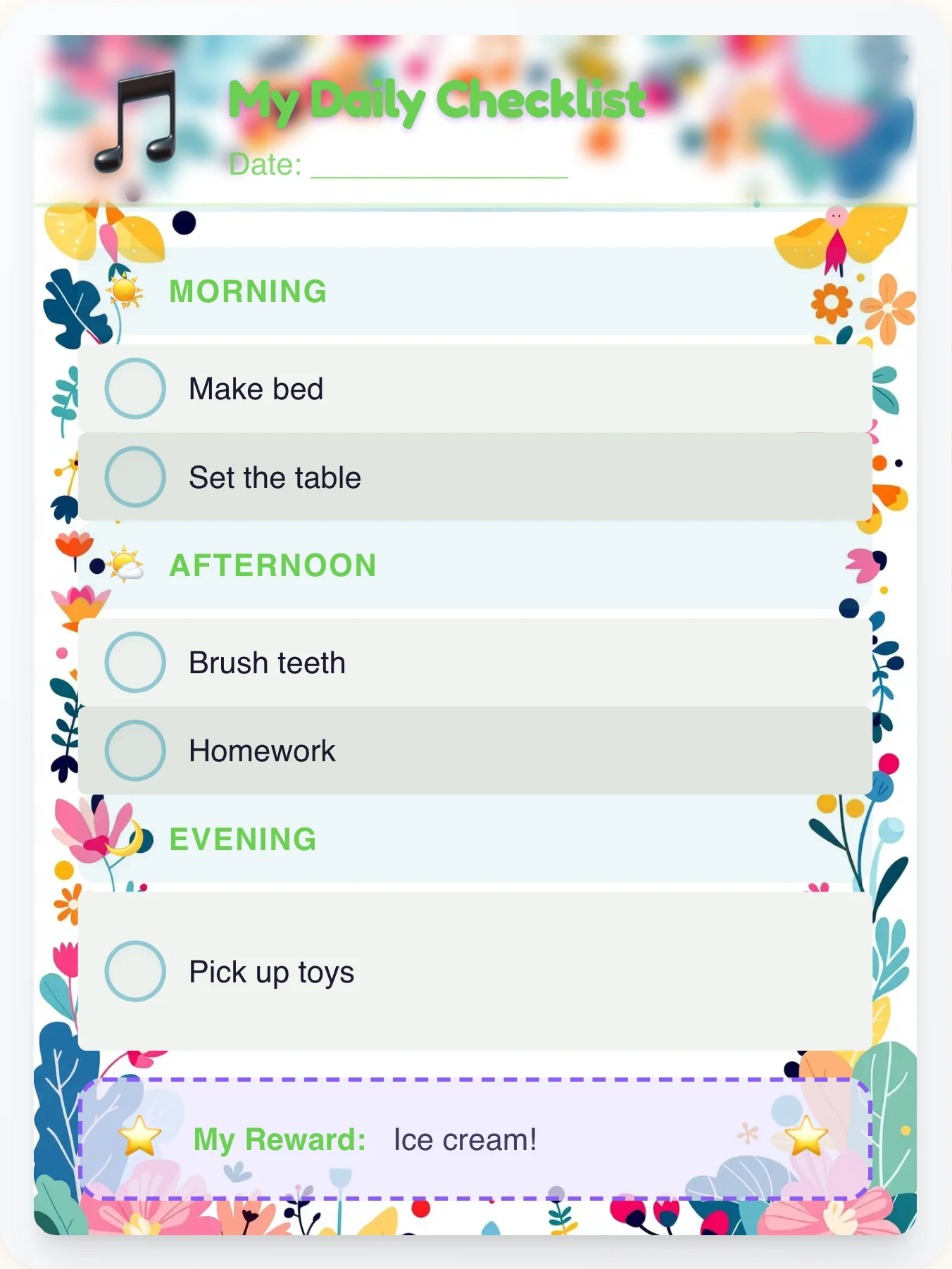 Sunny Music Daily Planner - printable music chore chart
