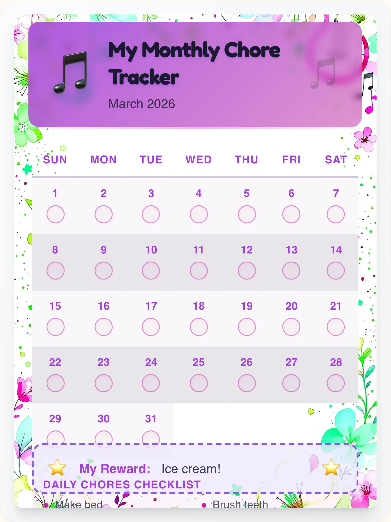 Tranquil Music Monthly Grid - printable music chore chart