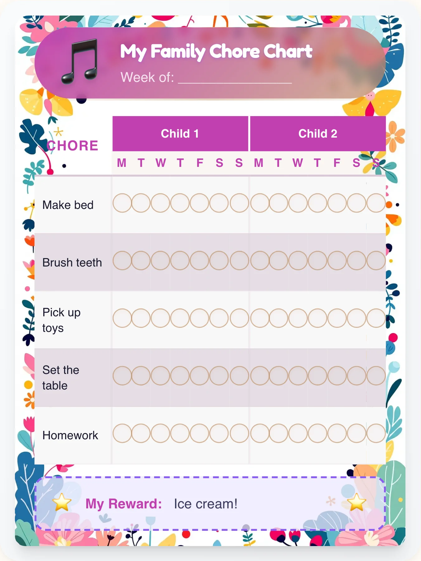 Airy Music Family Chart - printable music chore chart