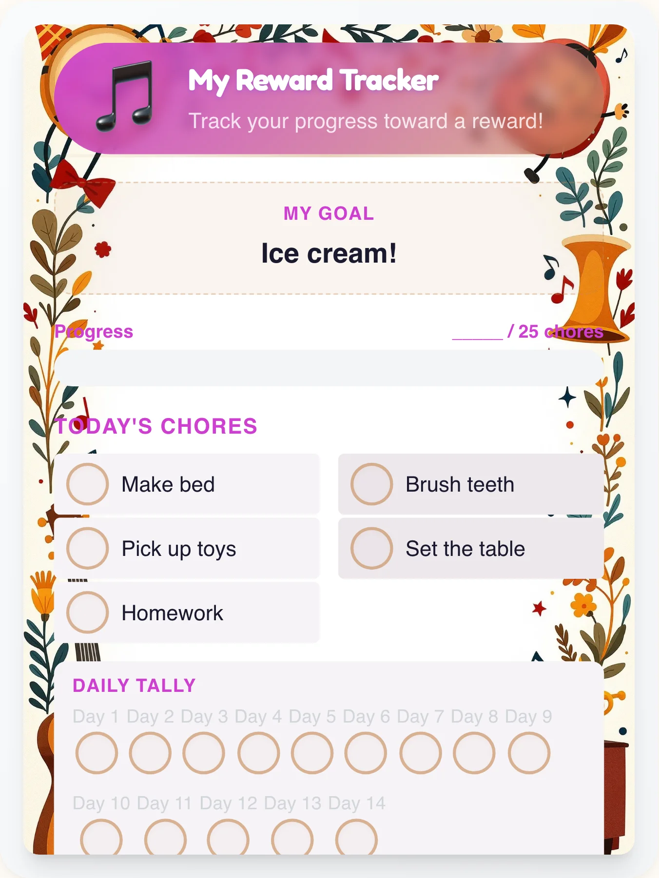 Whimsical Music Points Tracker - printable music chore chart