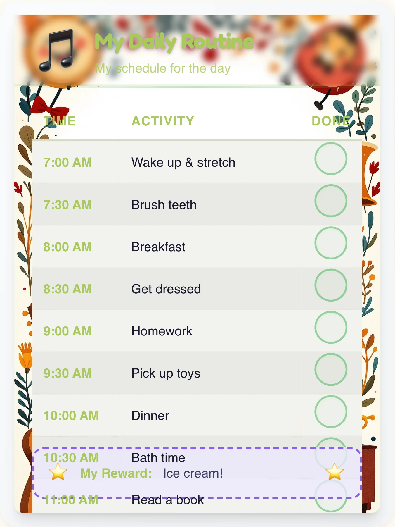Noble Music Routine Board - printable music chore chart