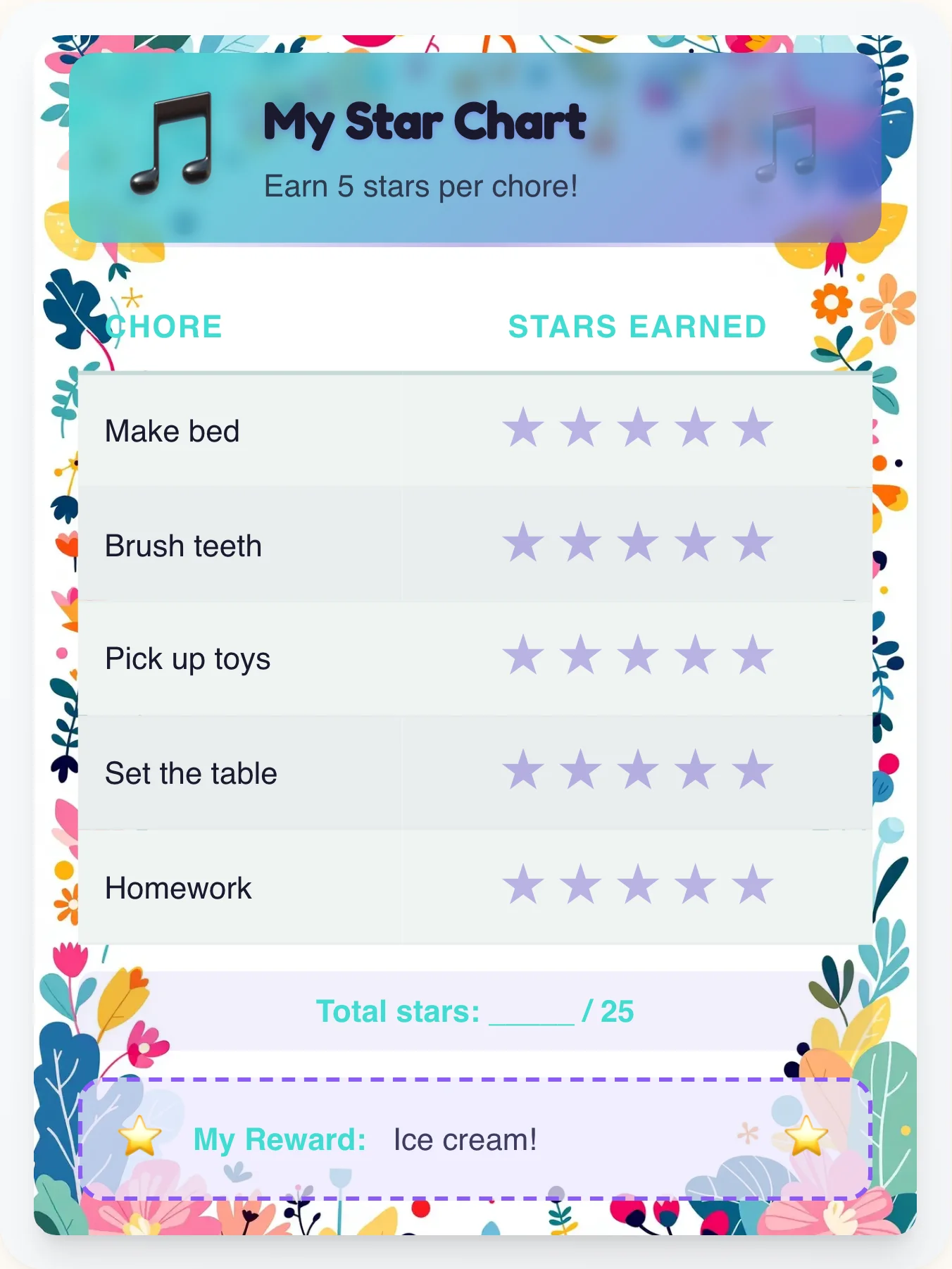 Gentle Music Gold Stars - printable music chore chart