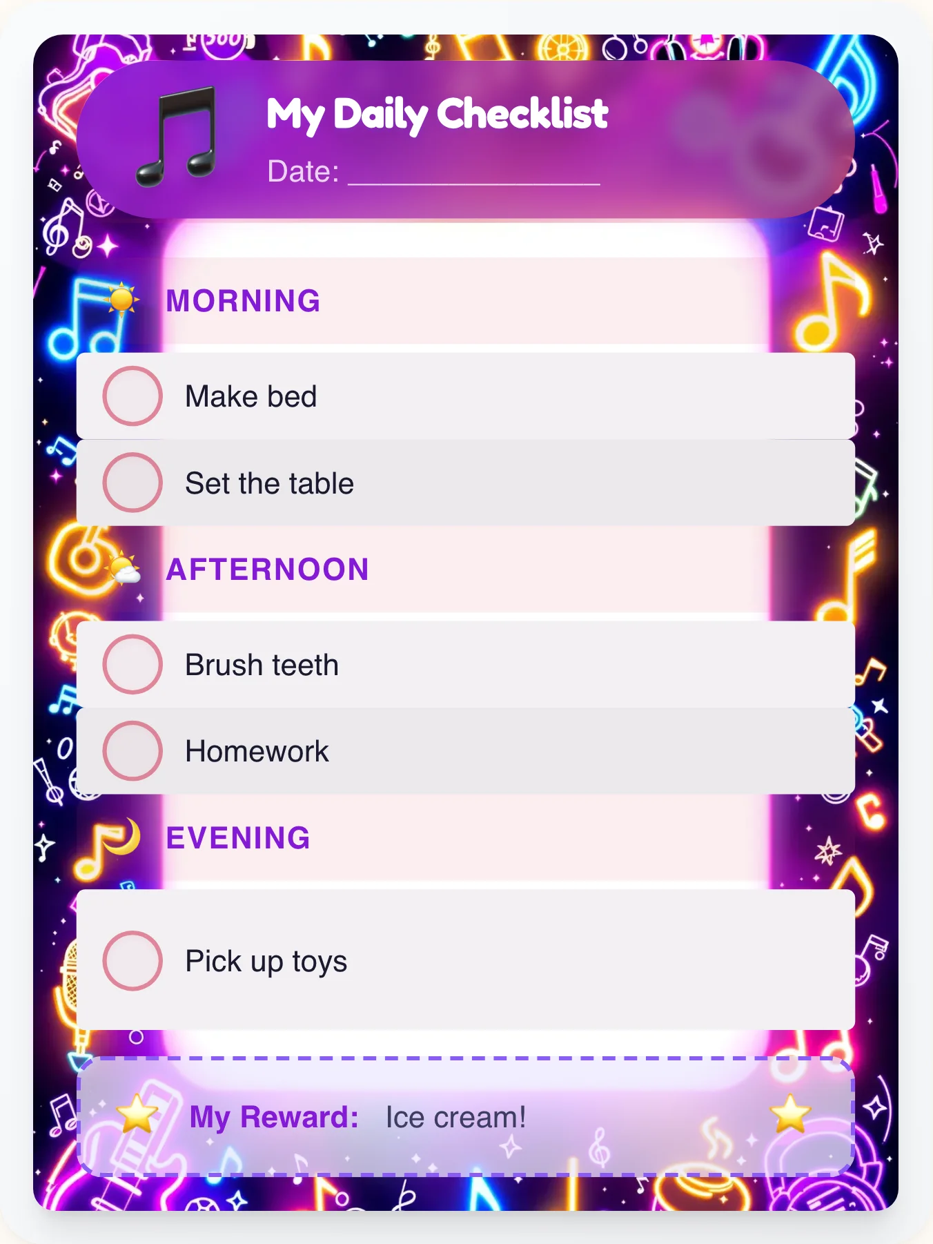 Tranquil Music Daily Planner - printable music chore chart