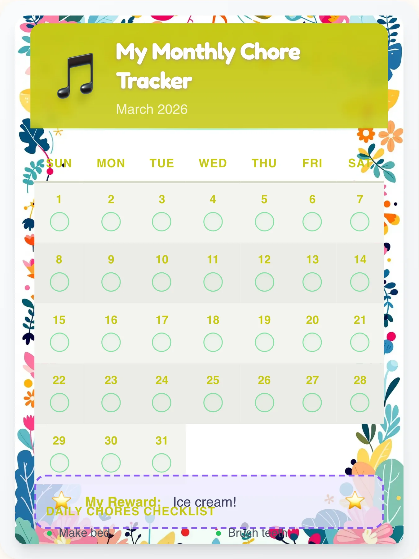 Lively Music Calendar Chart - printable music chore chart