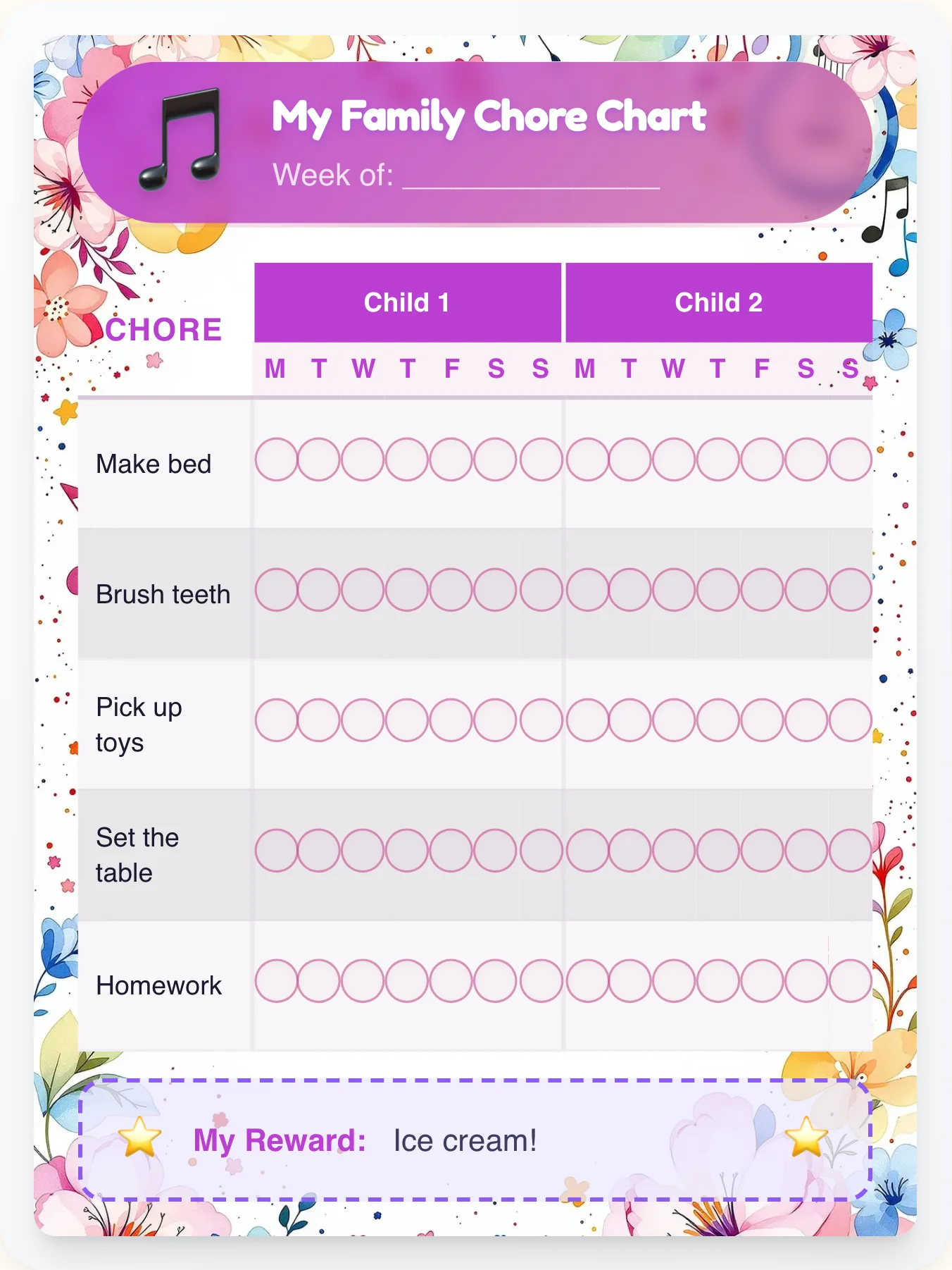 Vibrant Music Multi-Kid Tracker - printable music chore chart