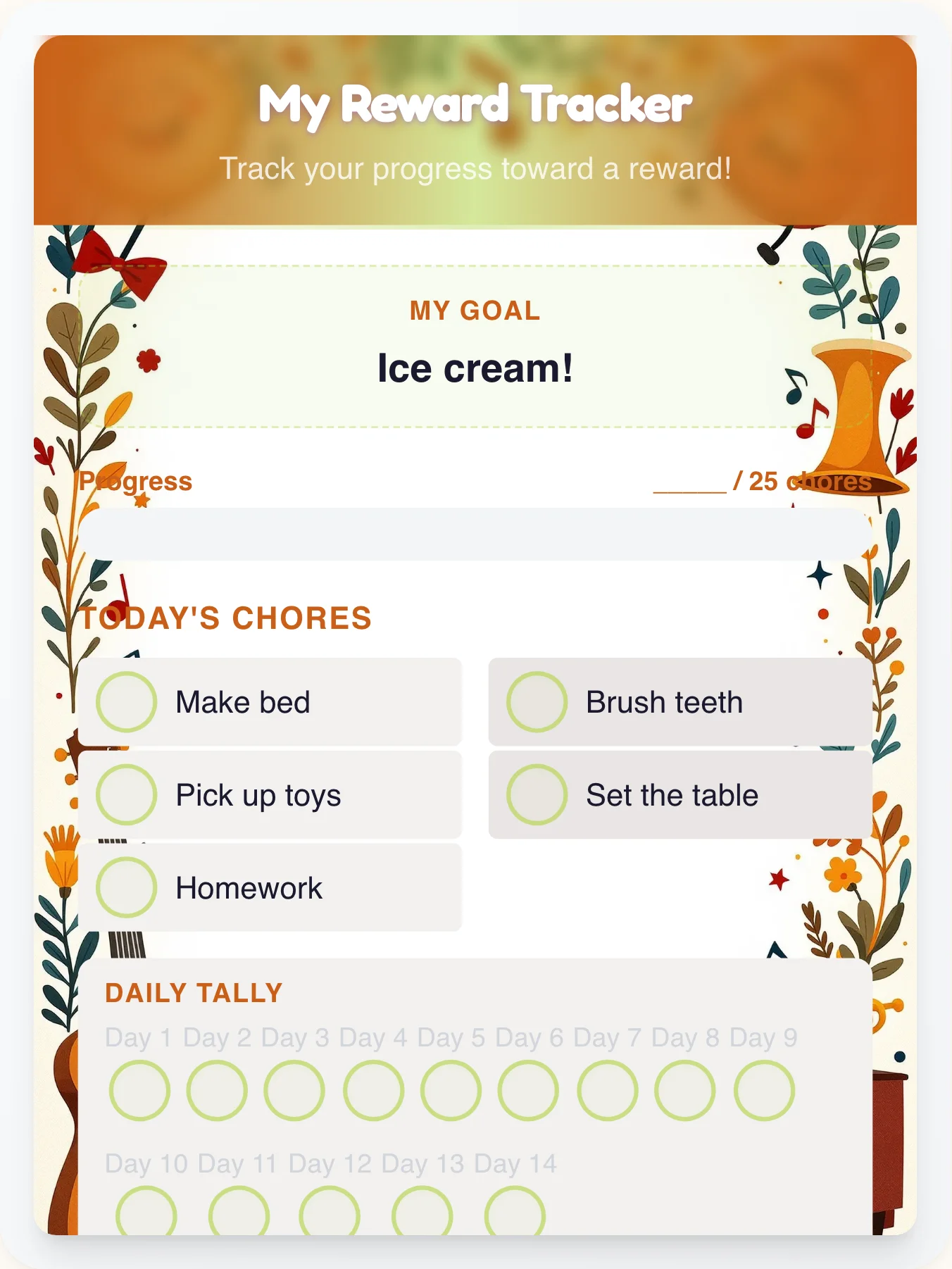 Fresh Music Prize Chart - printable music chore chart