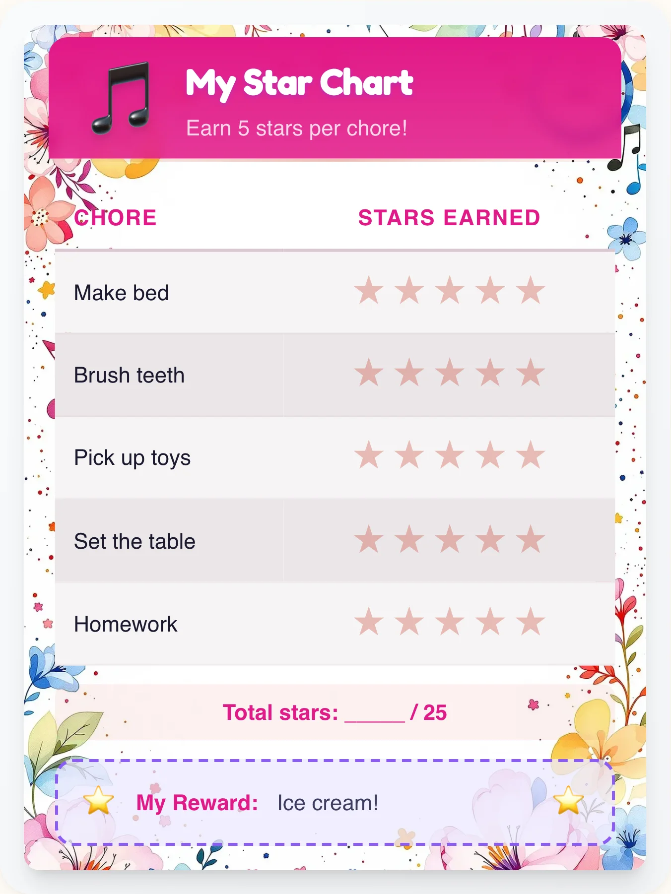 Hazy Music Star Rewards - printable music chore chart