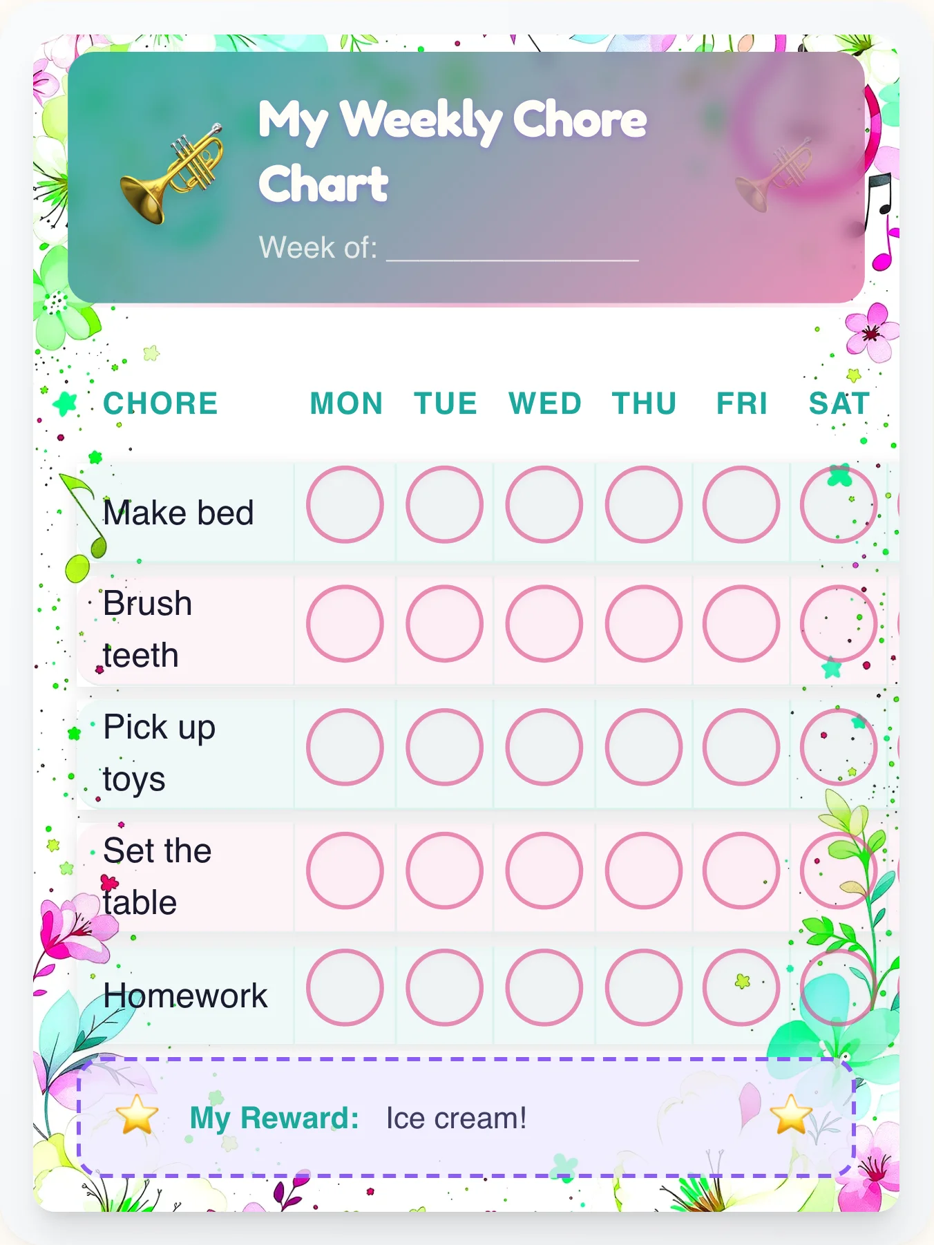 Spring Music Garden — Free Printable Music Chore Chart - printable music chore chart