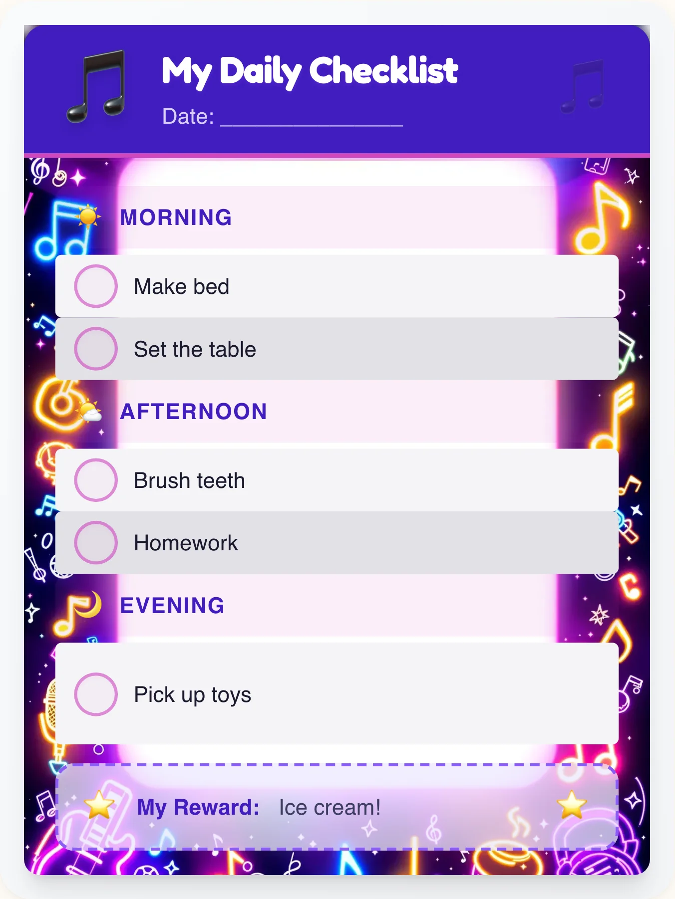 Peaceful Music Daily Log - printable music chore chart