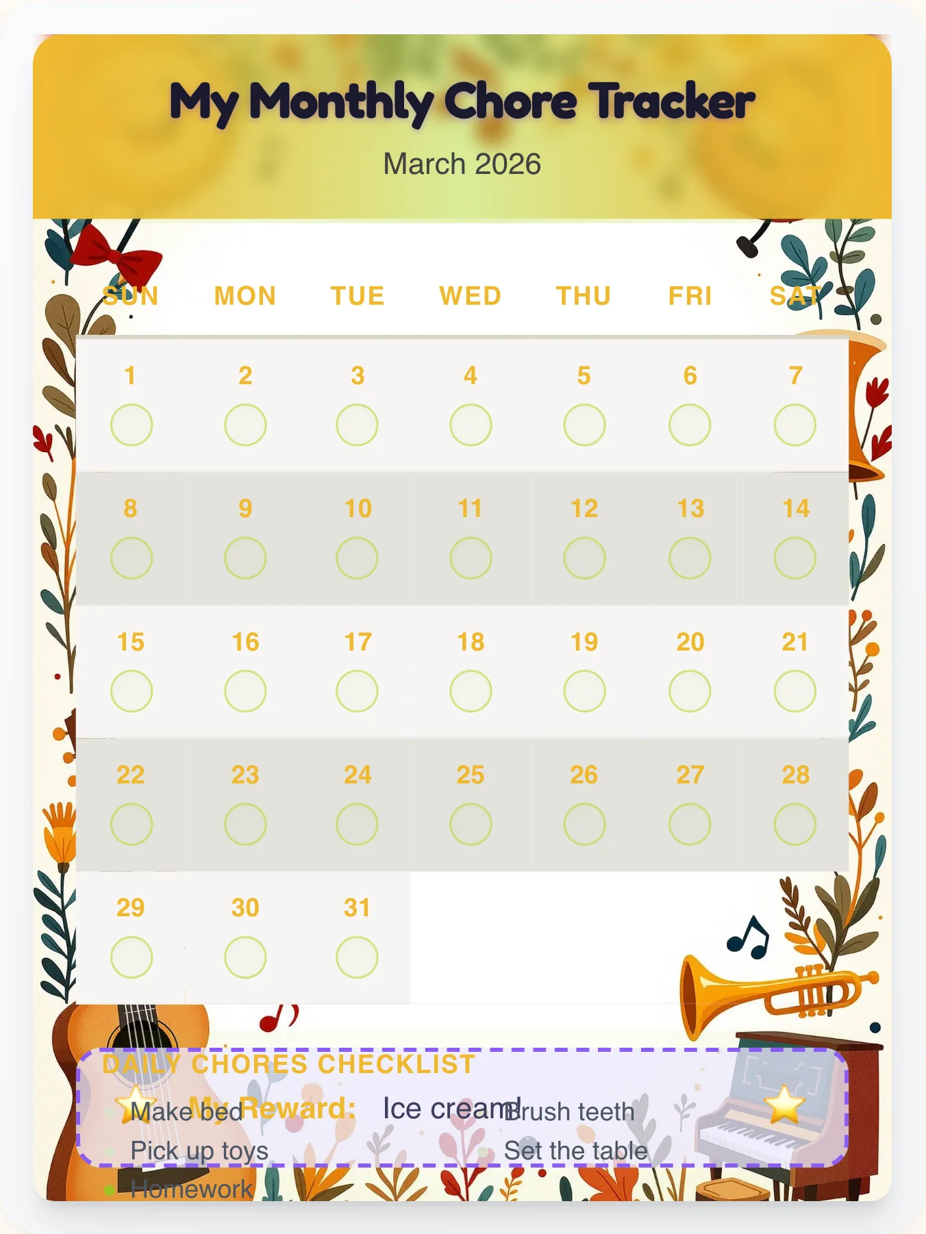 Happy Music Monthly Planner - printable music chore chart