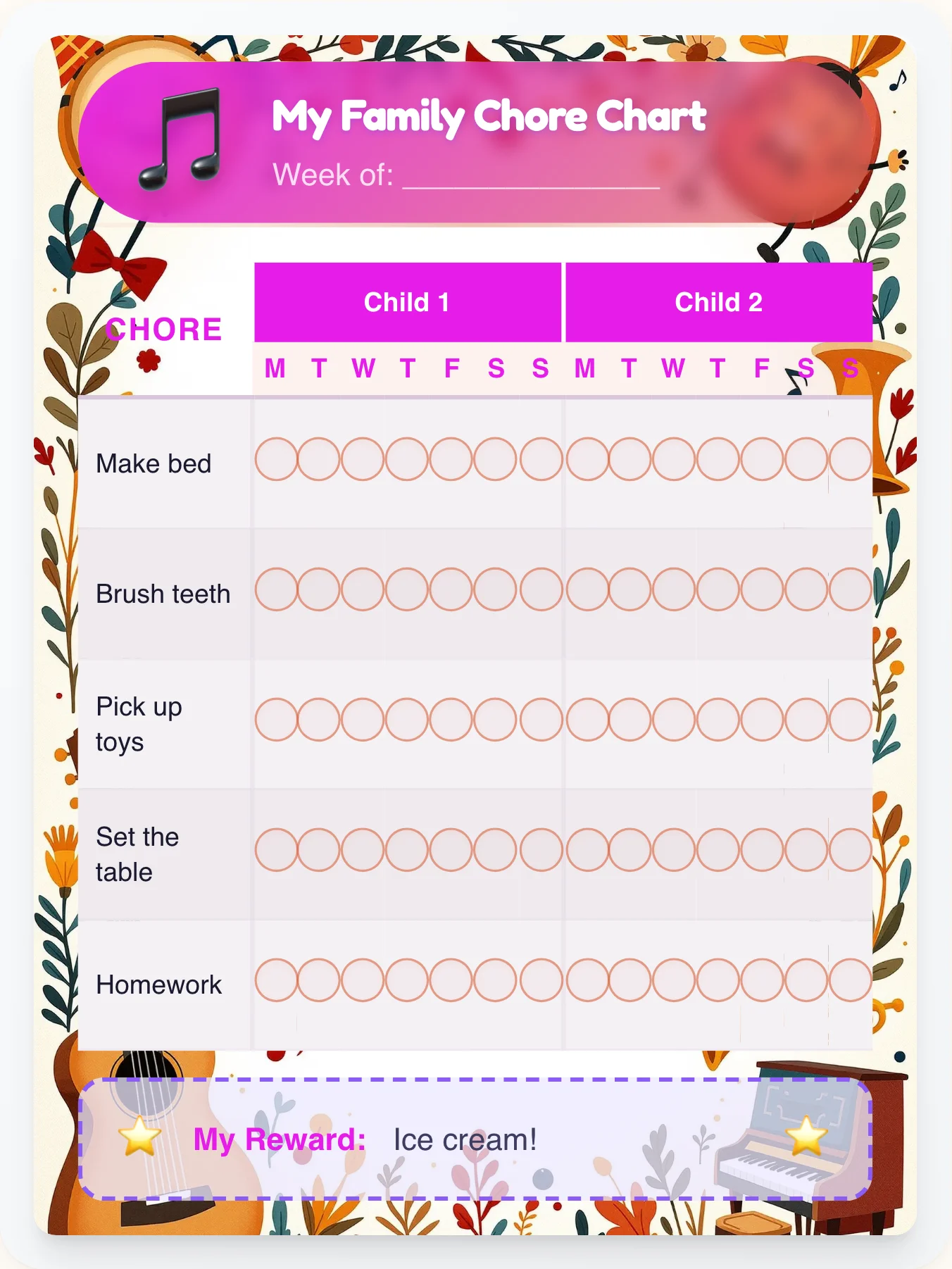 Whimsical Music Multi-Kid Tracker - printable music chore chart