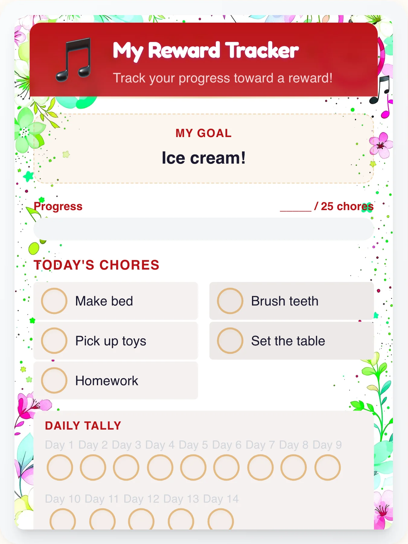 Glossy Music Points Tracker - printable music chore chart