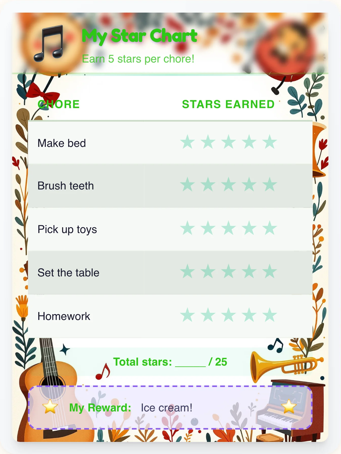 Tender Music Star Rewards - printable music chore chart