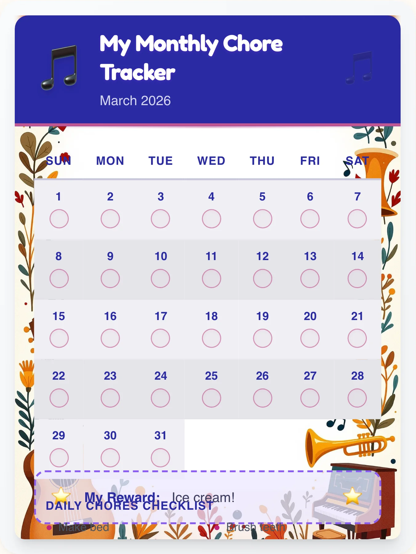 Organic Music Calendar Chart - printable music chore chart