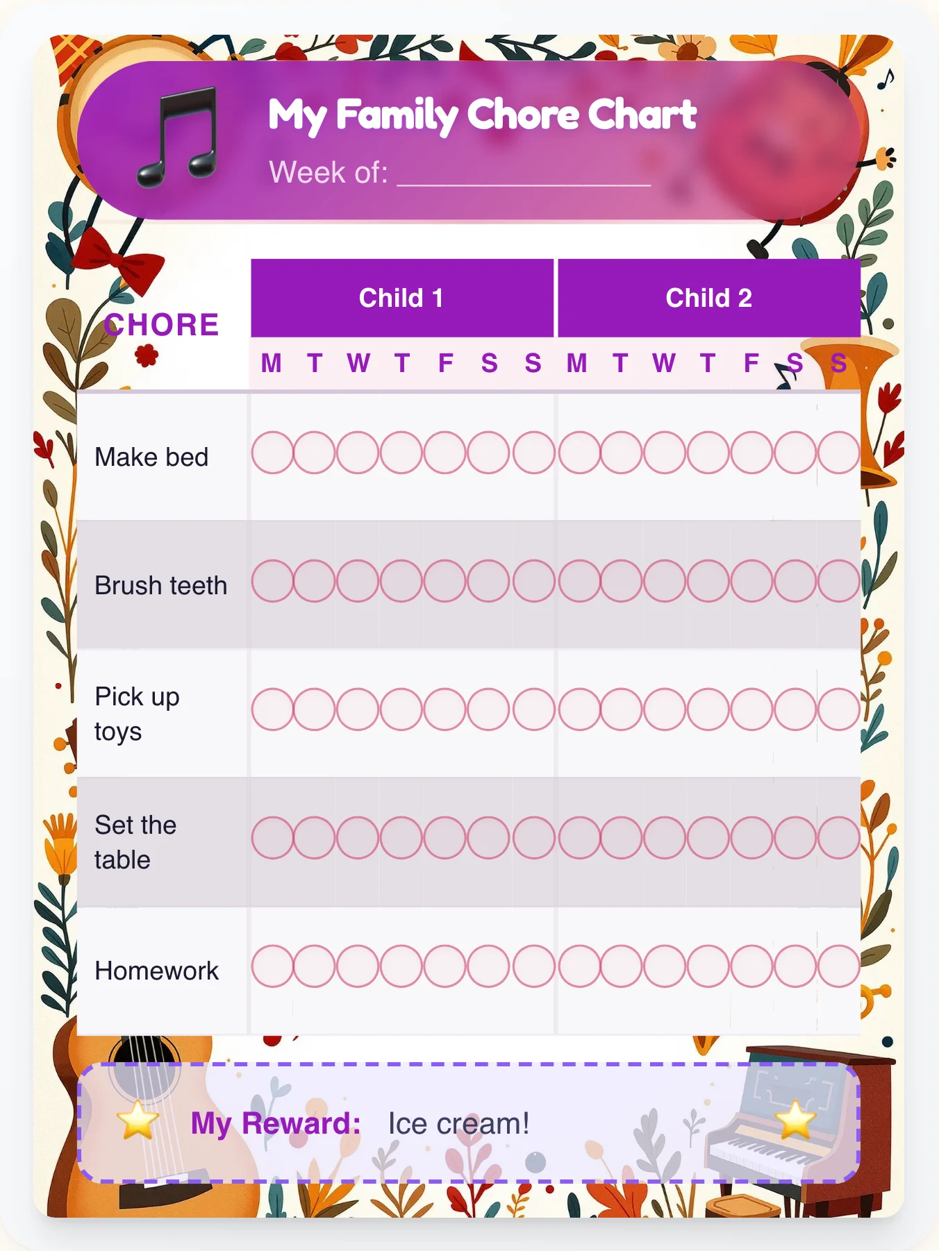 Urban Music Team Chart - printable music chore chart