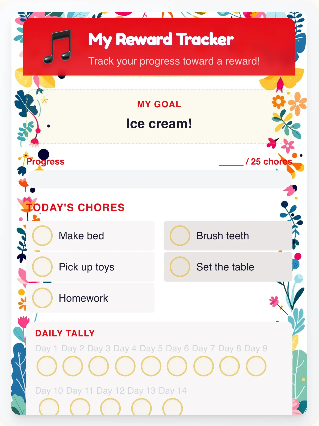 Glossy Music Reward Board - printable music chore chart