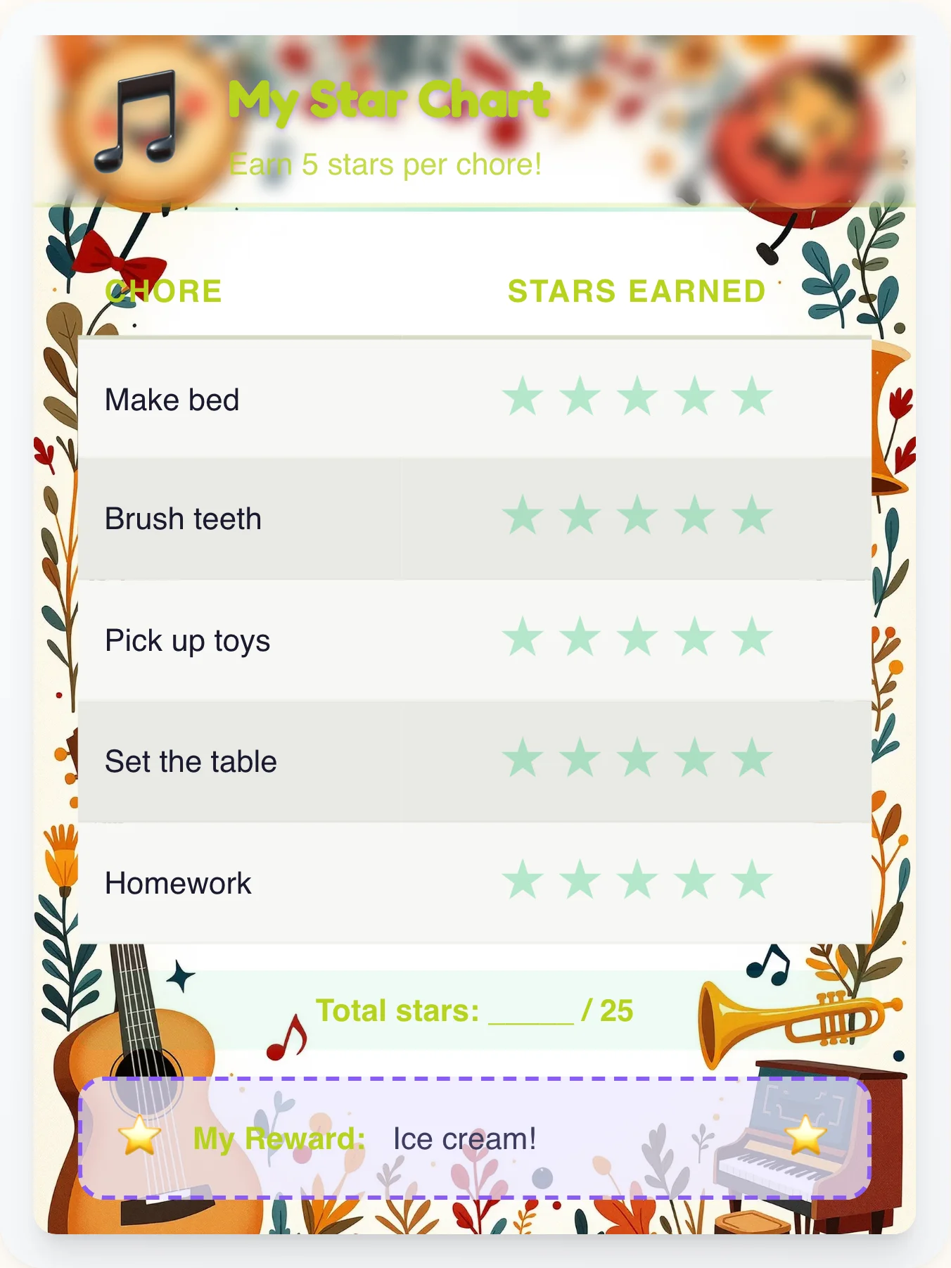 Misty Music Star Rewards - printable music chore chart