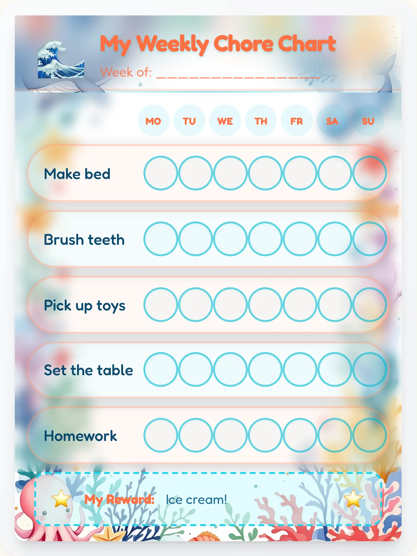 Coral Reef Chore Chart - printable ocean chore chart