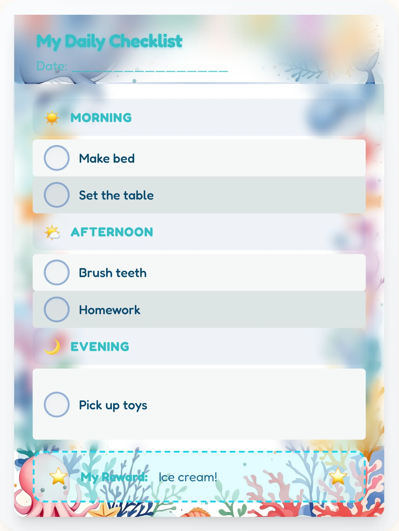 Gentle Ocean Daily Planner - printable ocean chore chart