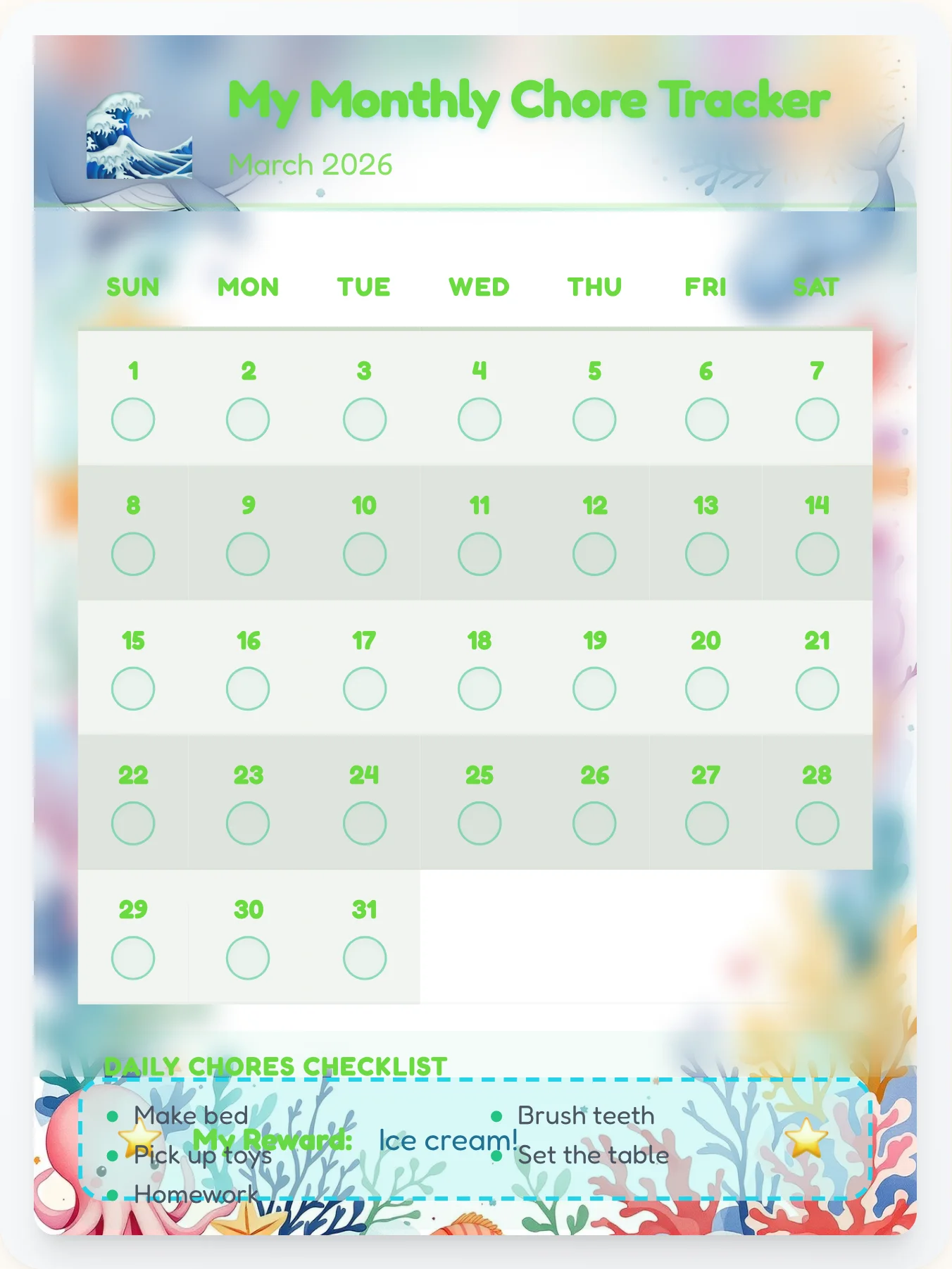 Radiant Ocean Monthly Grid - printable ocean chore chart