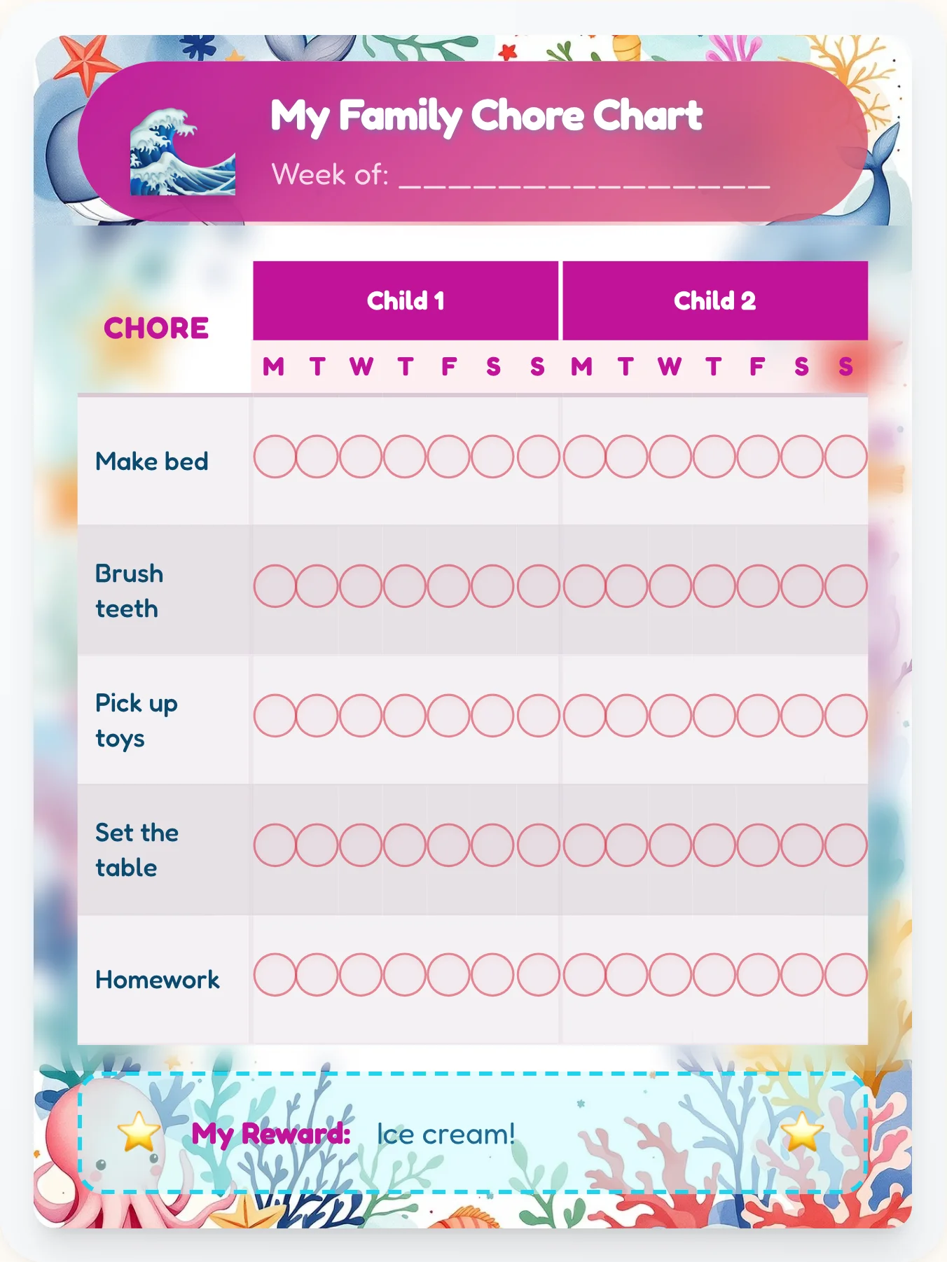 Bold Ocean Team Chart - printable ocean chore chart
