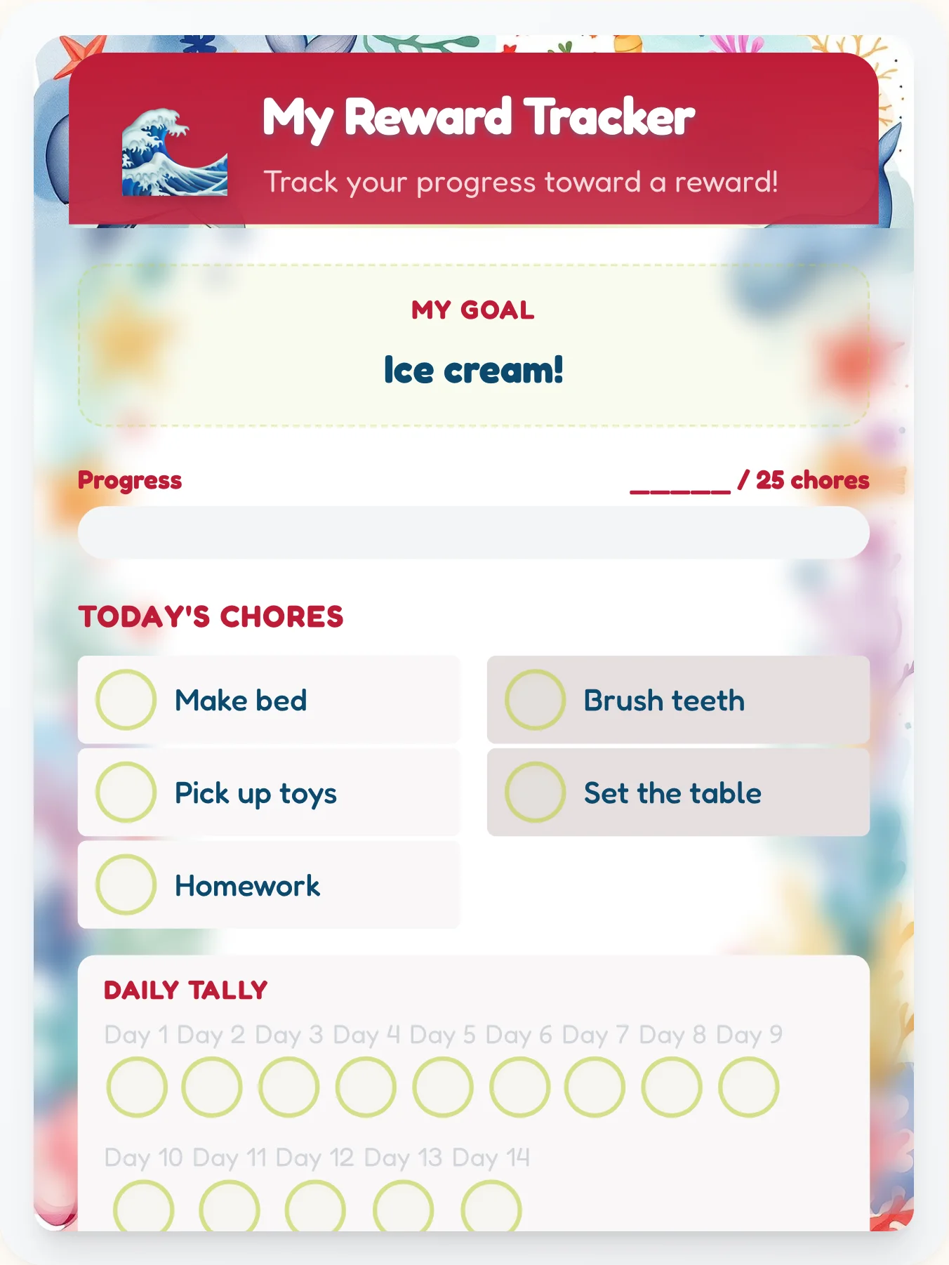 Frosty Ocean Achievement Board - printable ocean chore chart