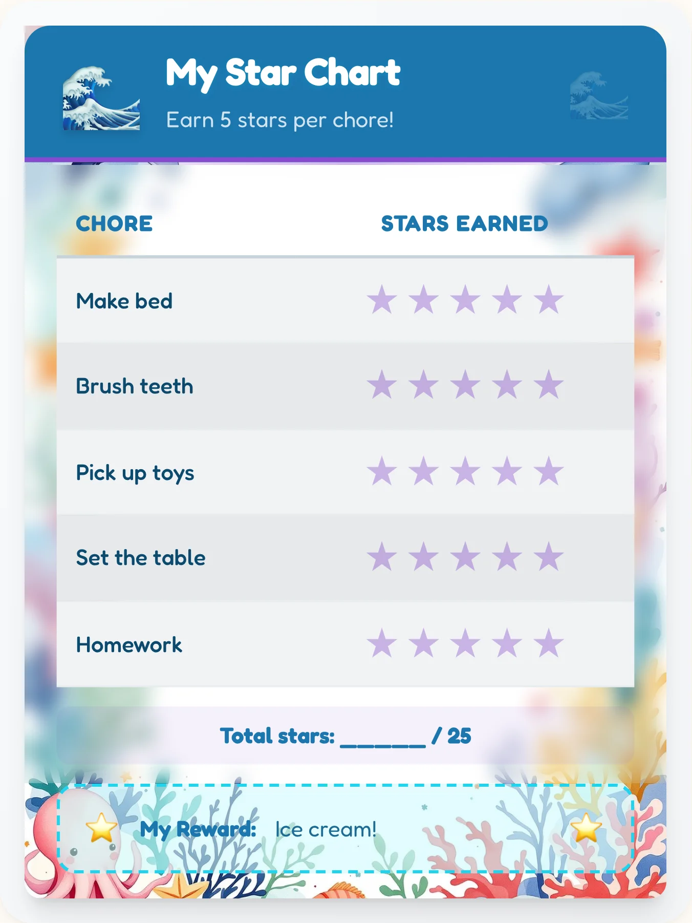 Joyful Ocean Star Rewards - printable ocean chore chart