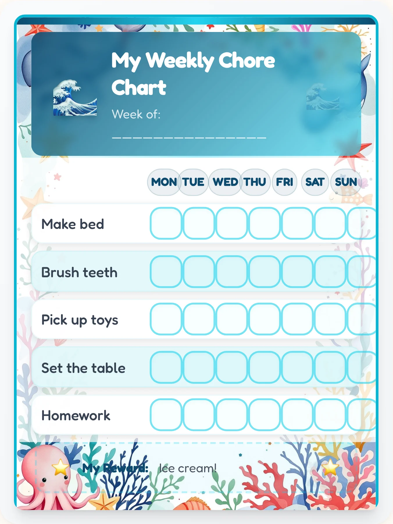 Ocean Bold Chore Chart - printable ocean chore chart