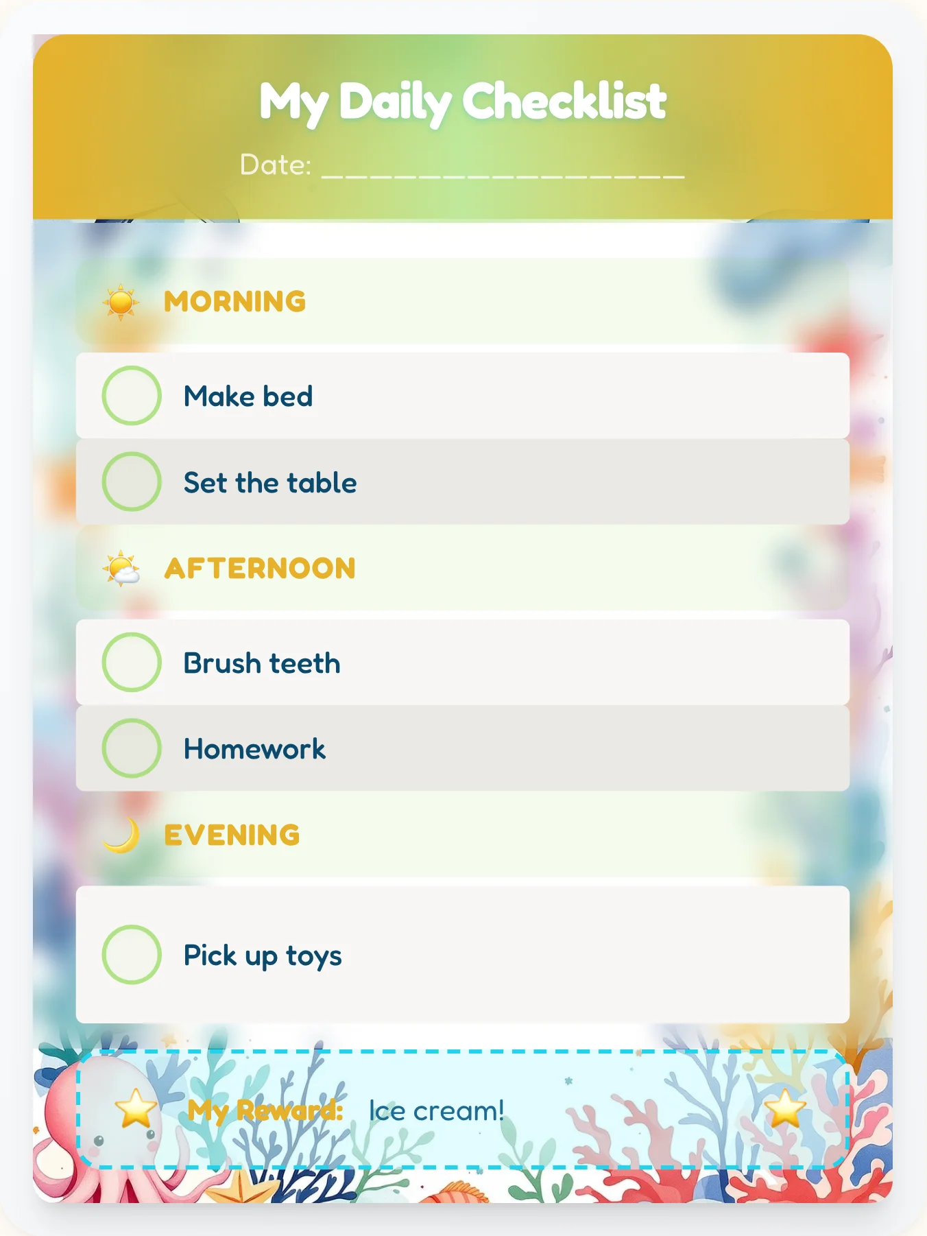 Happy Ocean Checklist - printable ocean chore chart
