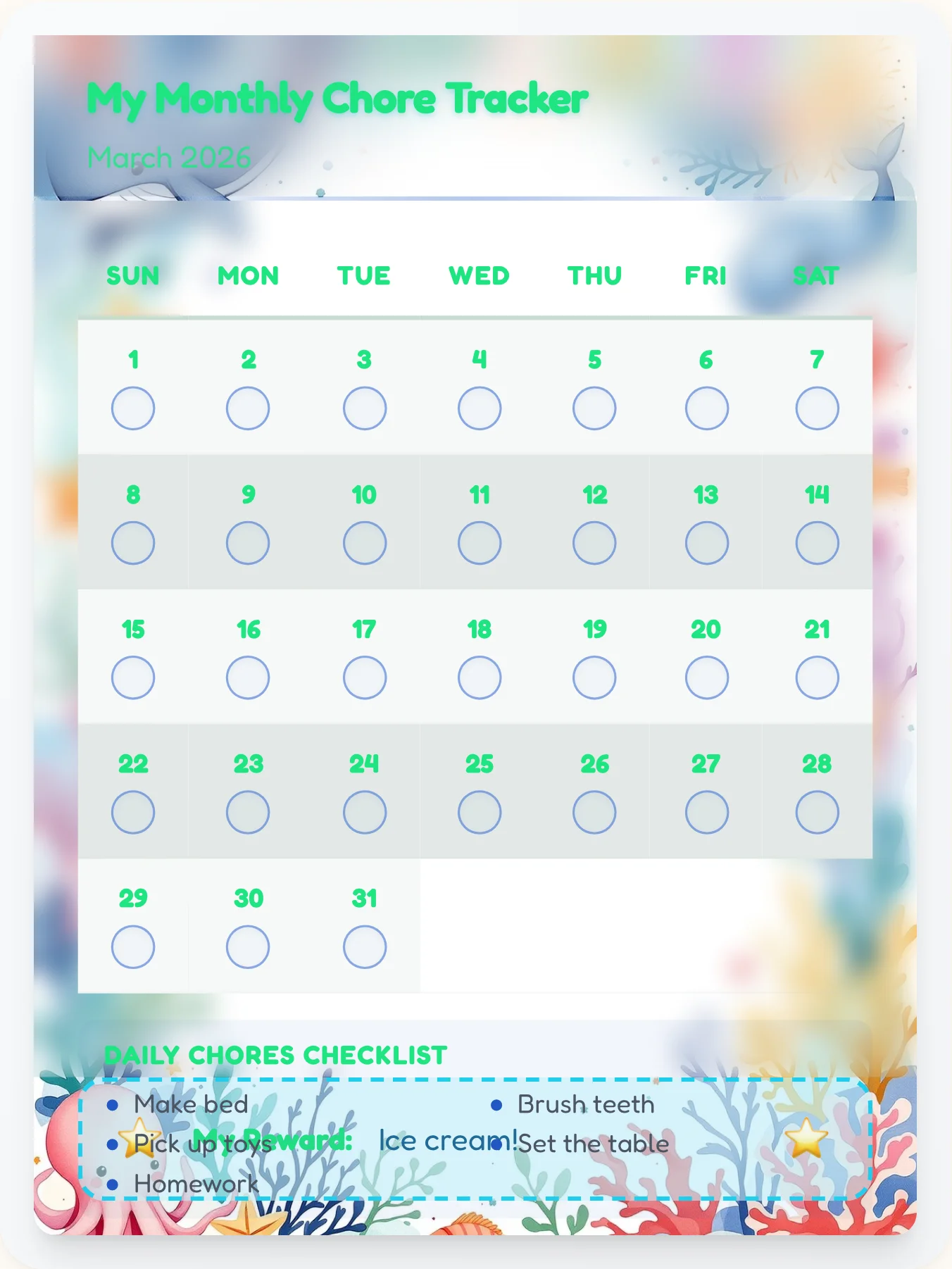 Cheerful Ocean Calendar Board - printable ocean chore chart