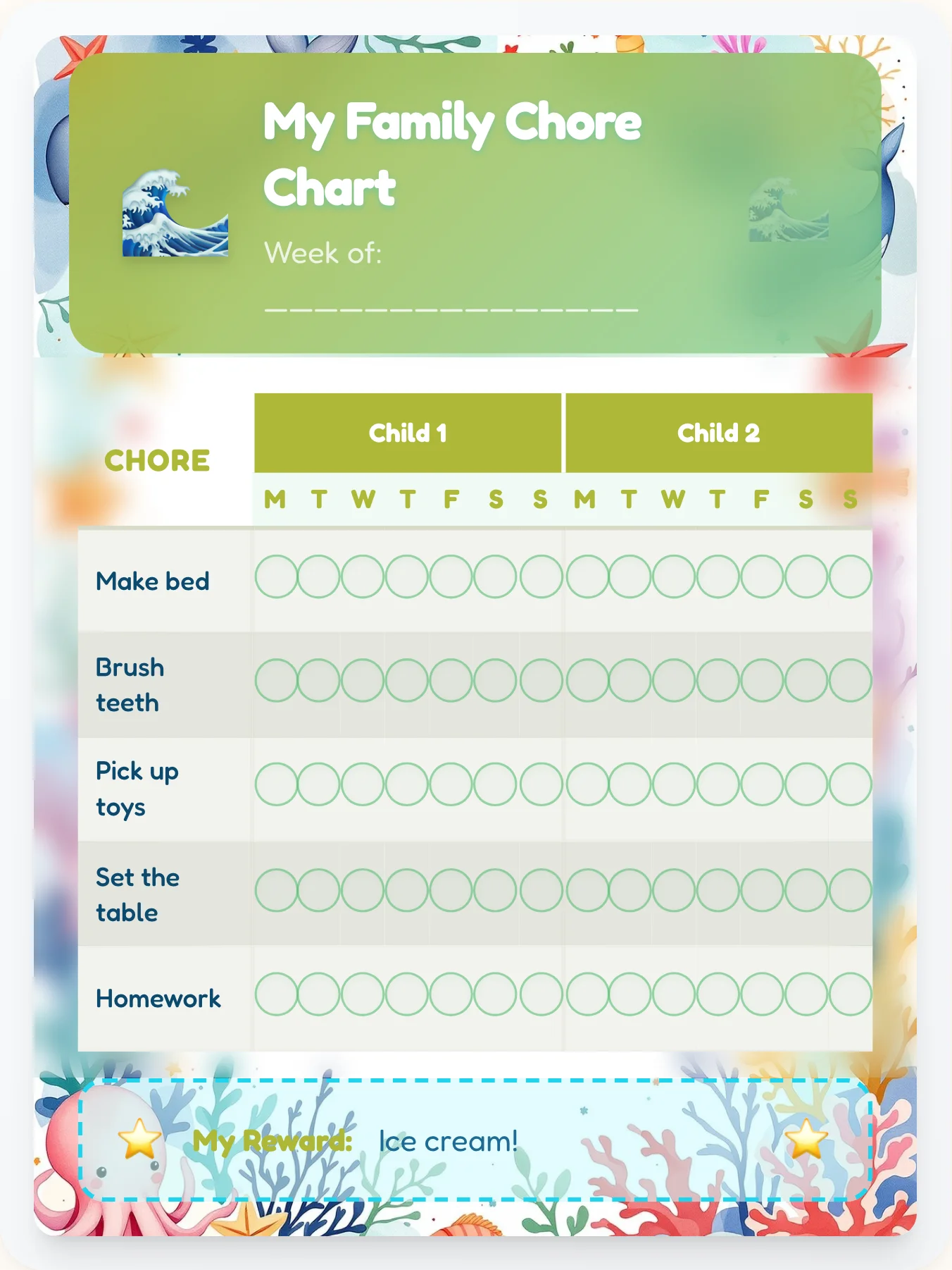 Misty Ocean Family Chart - printable ocean chore chart